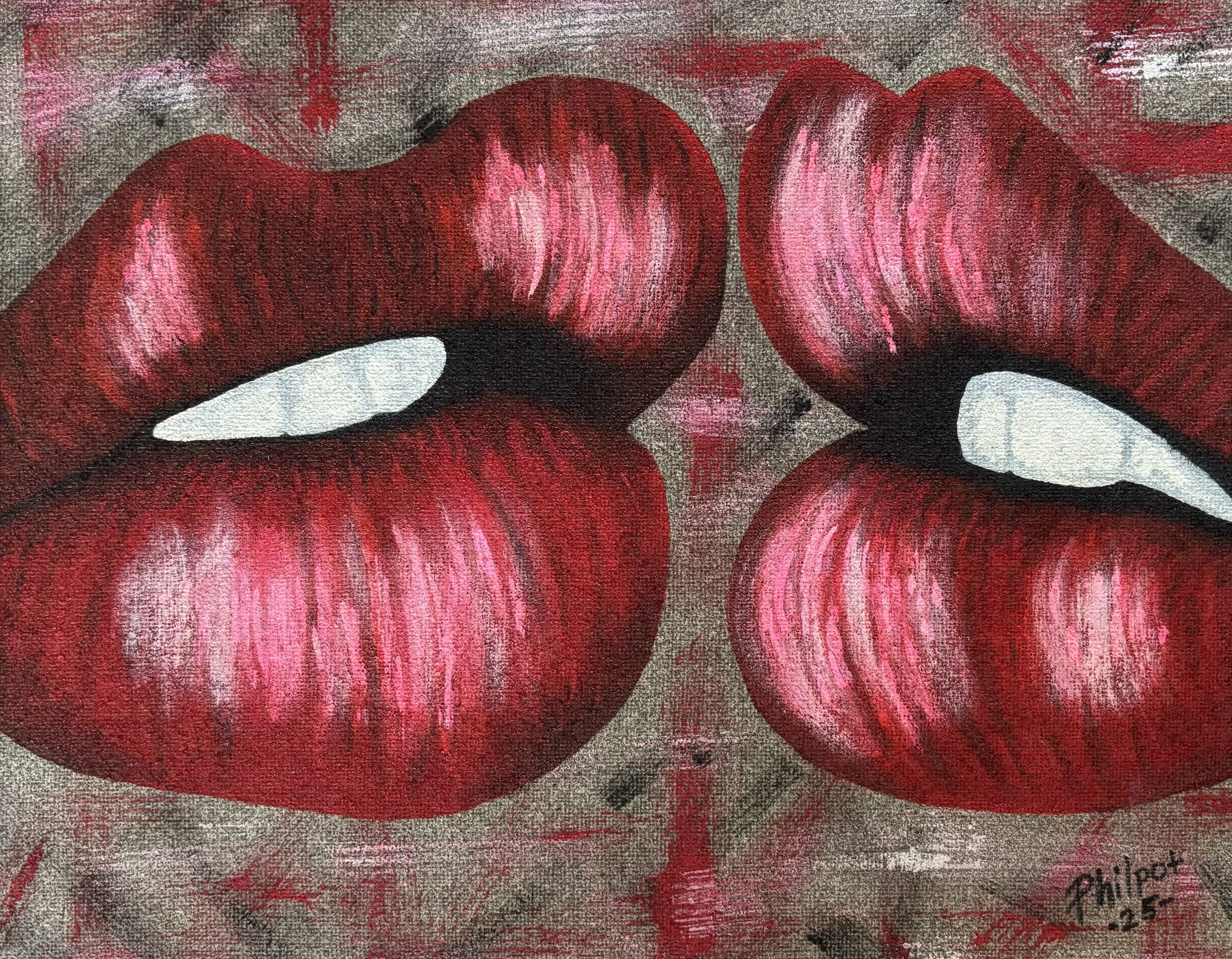 "I Like The Way You Kiss Me" / 2026 / Acrylic and oil on burlap / 20" x 16" / FOR SALE $100. Two pairs of red lips with white teeth showing on a light brown background with smudges of red and black
