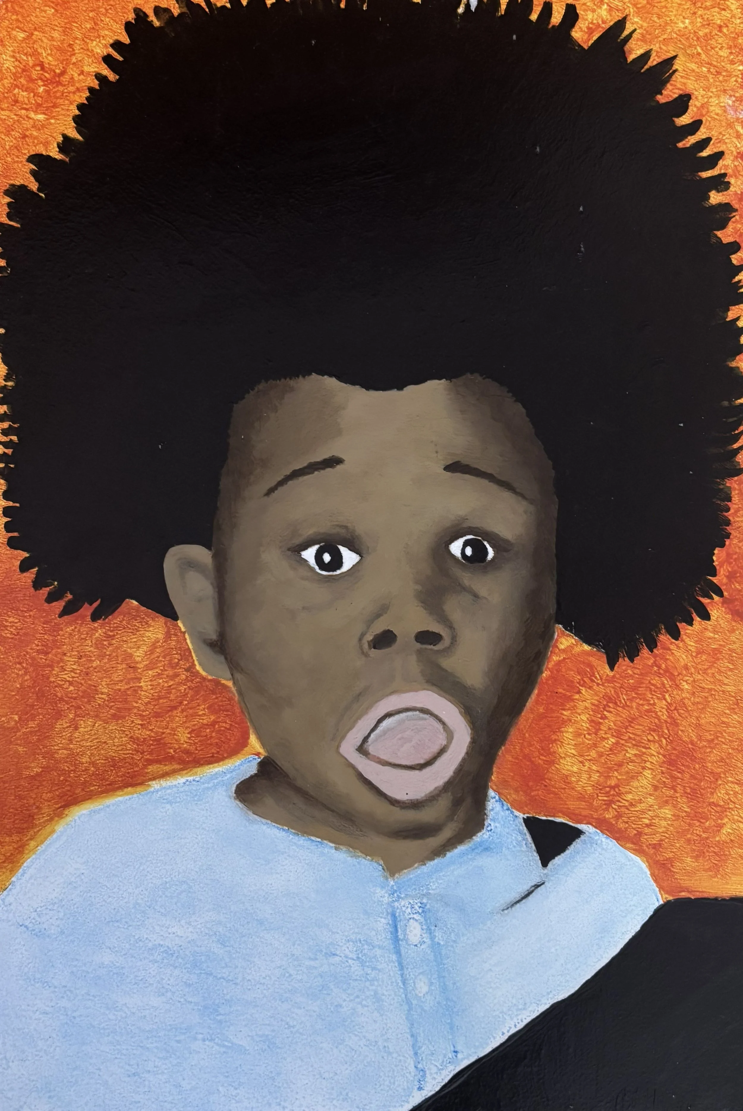 "Quantum Ob1 #16" / Paint on thick panel / 17.75" x 11.75" / FOR SALE $100. A surprised Black boy with an Afro wearing a pale gray shirt. There is a multi-shade orange background.  FOR SALE 100