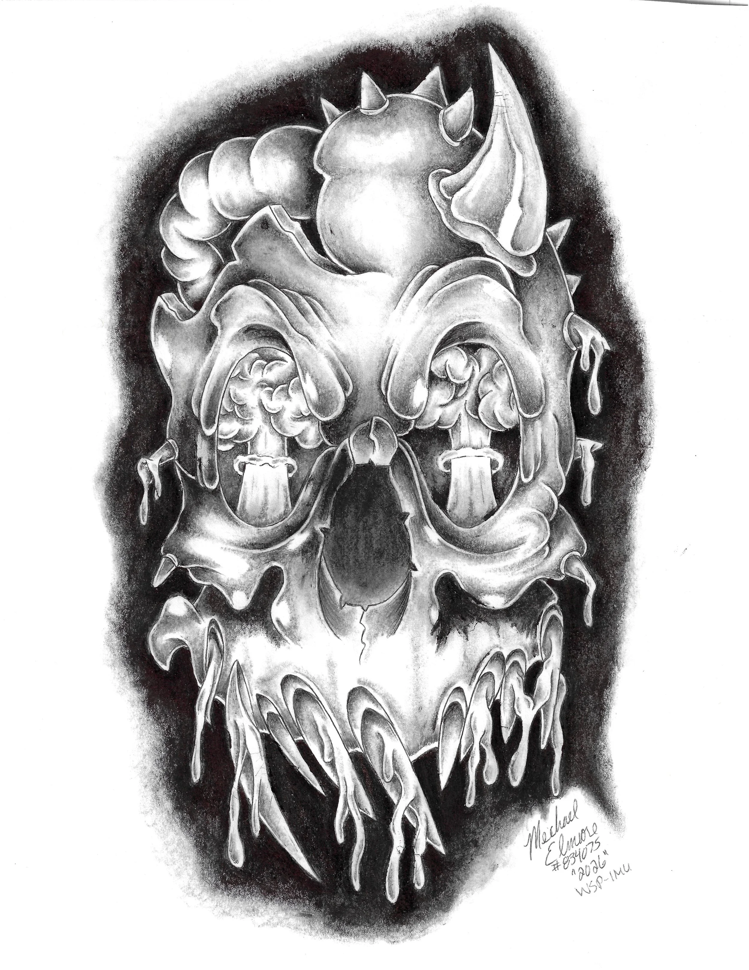 "Skull", pen on paper, 2026. A skull with mushroom clouds in the eyes and a single horn. The bottom of the jaw is melting or dripping.