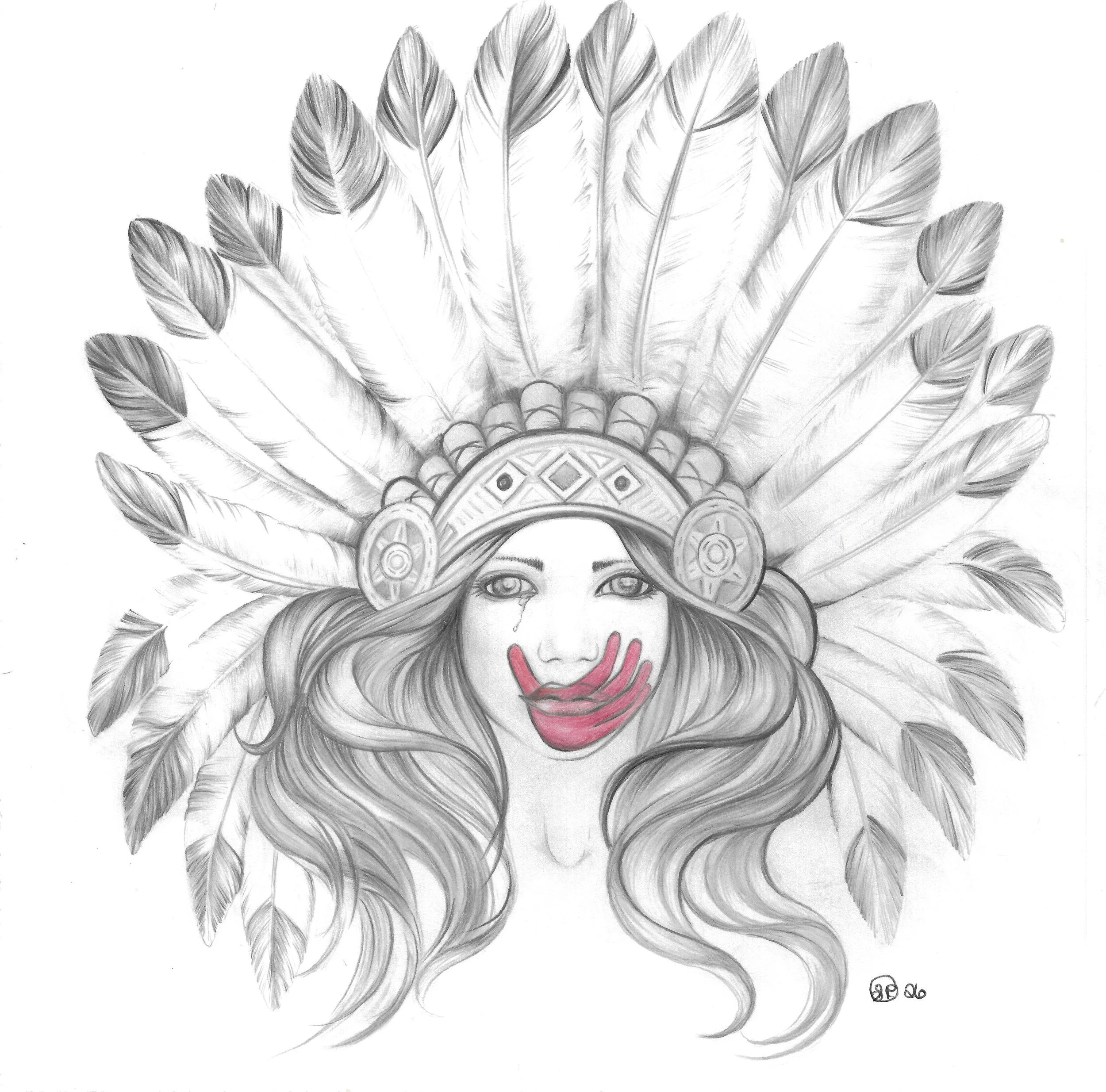 "Our Lost Native Sisters", graphite and colored pencil on paper, 2026. Black-and-white portrait of a woman wearing a feathered headdress and staring solemnly at the viewer, with a red handprint over her mouth.

SG says: "This is a heartfelt, painful 