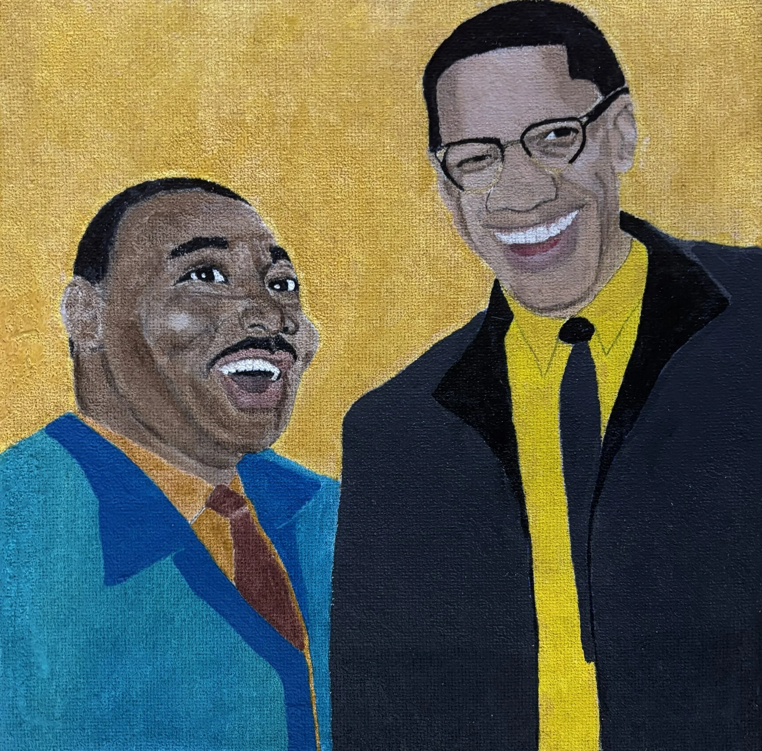 "Quantum Ob1 #10" / Paint on canvas / 13.5" x 13.5" / FOR SALE $250. Martin Luther King Junior and Malcolm X smiling together on a pale yellow background