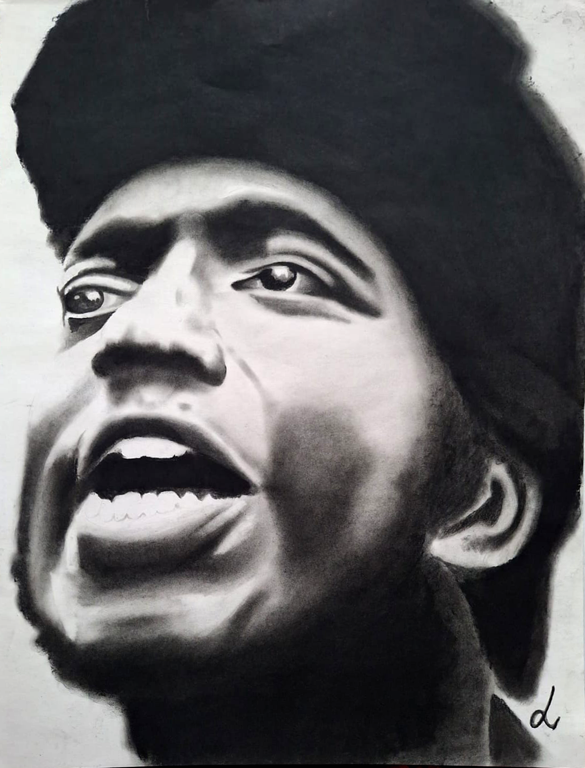 "Fred Hampton". Black-and-white portrait of Fred Hampton calling out