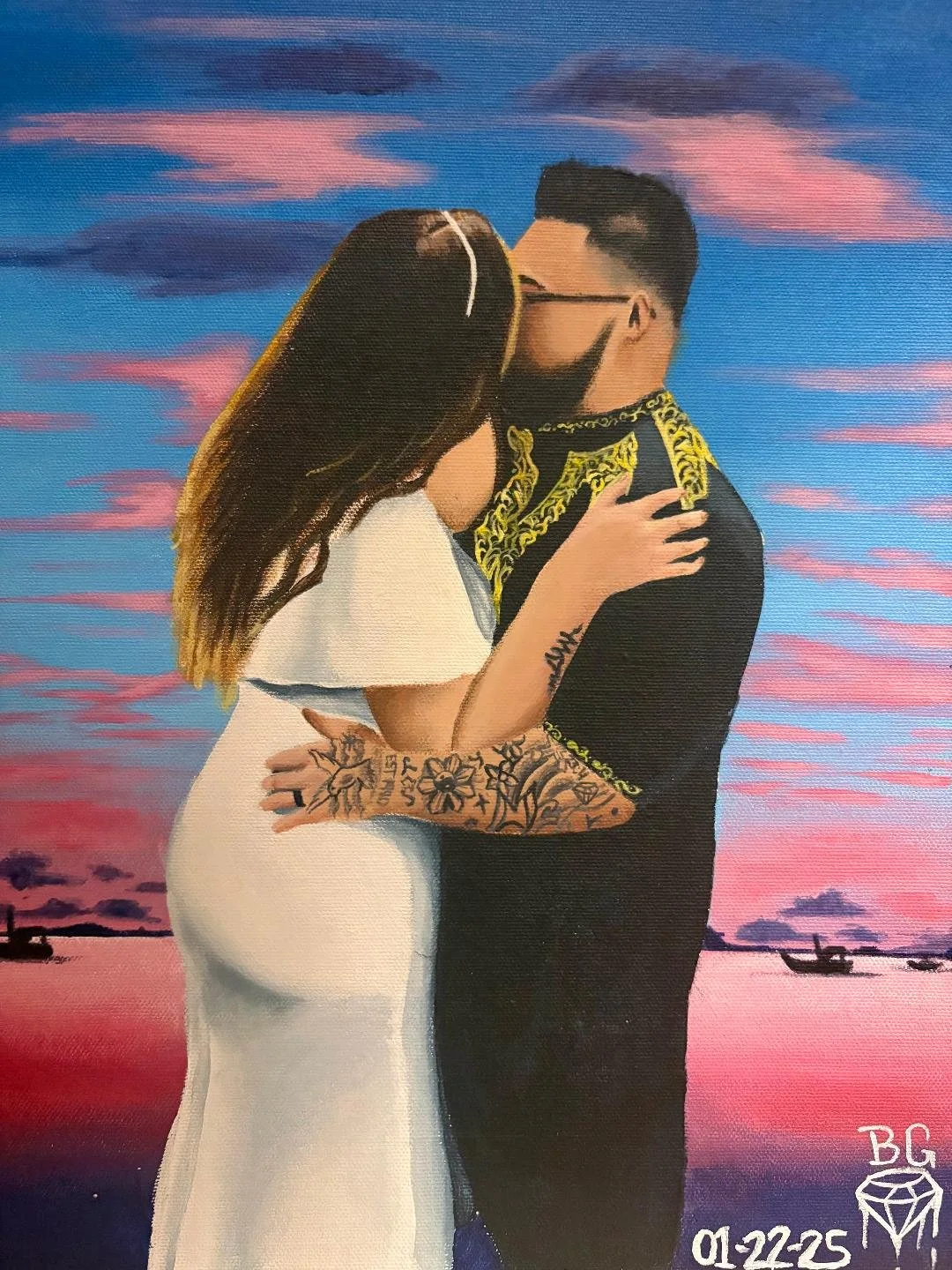 "The Oasis Away from Prison" / 2026 / Acrylic paint / 14" x 9". Portrait of a man and woman kissing with a sky above of pinks and blues