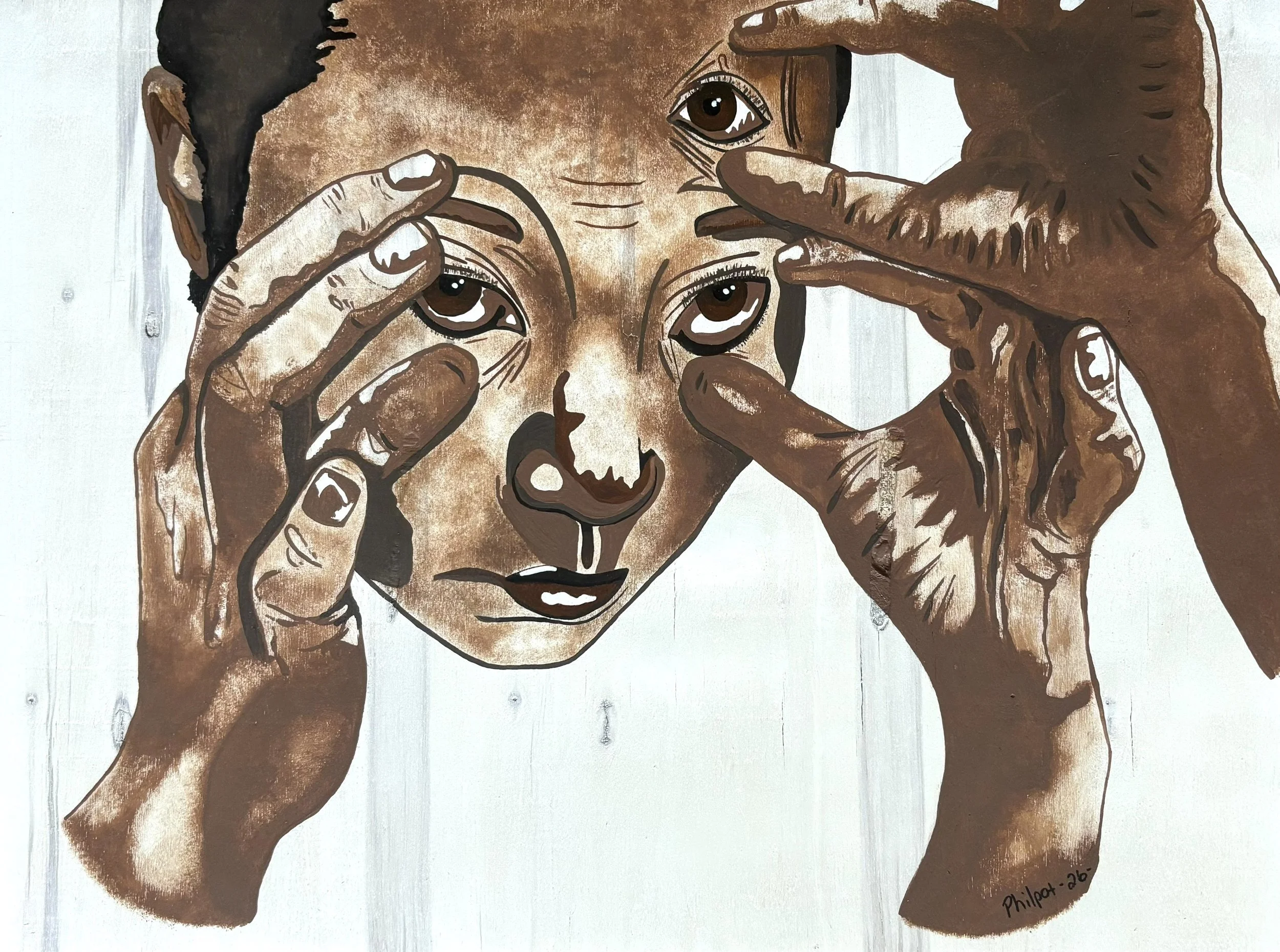 "Now I See" / 2026 / Acrylic on wood / 18" x 24" / FOR SALE $200. A young Black boy whose hands are stretching his eyelids open; he also has an extra eye in his forehead, and a third hand coming out from the side painting is stretching those eyelids 