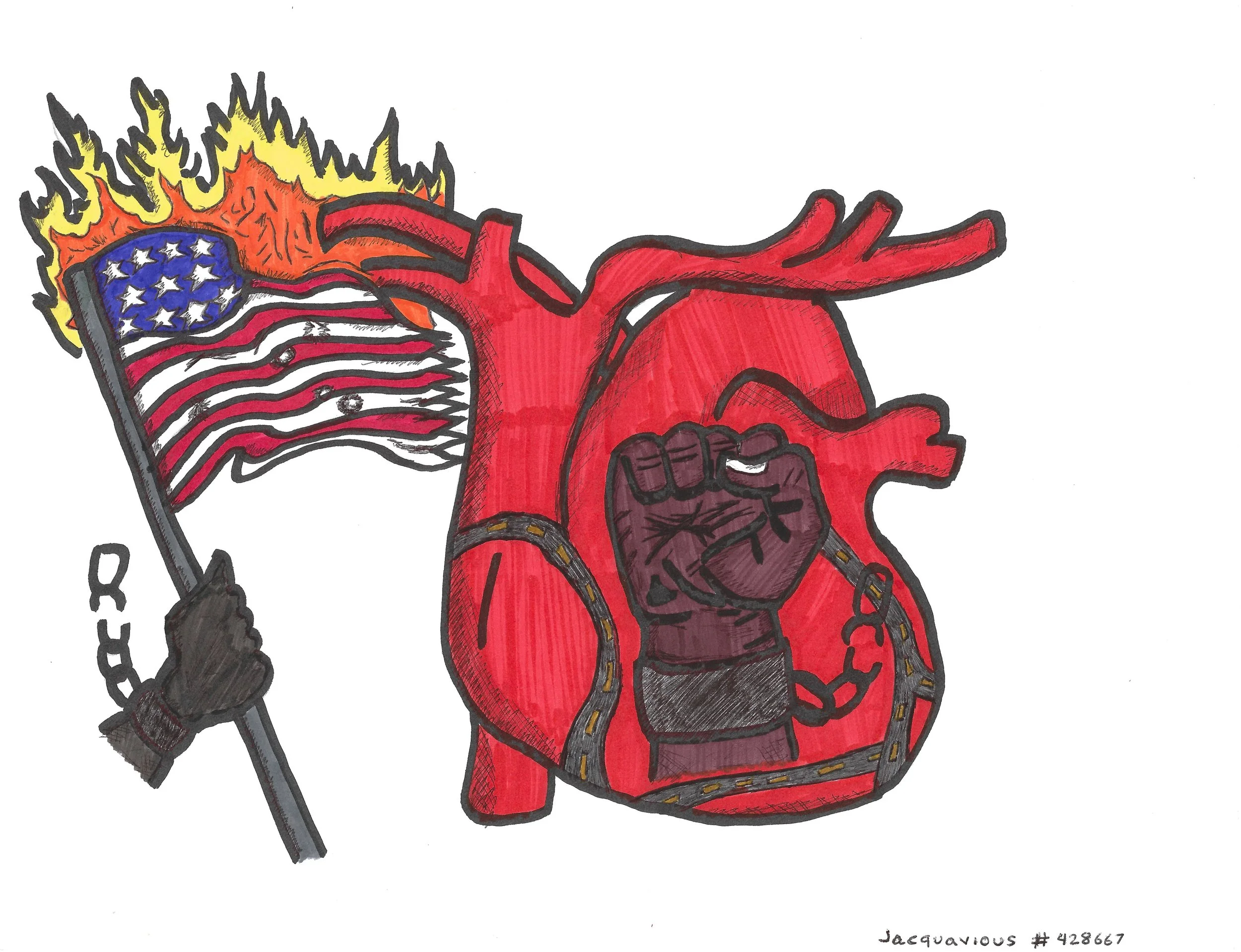 A heart with a Black Power fist inside it that is shackled but with chains that are breaking; next to it is an American flag on fire also held by a shackled hand with its chains greaking