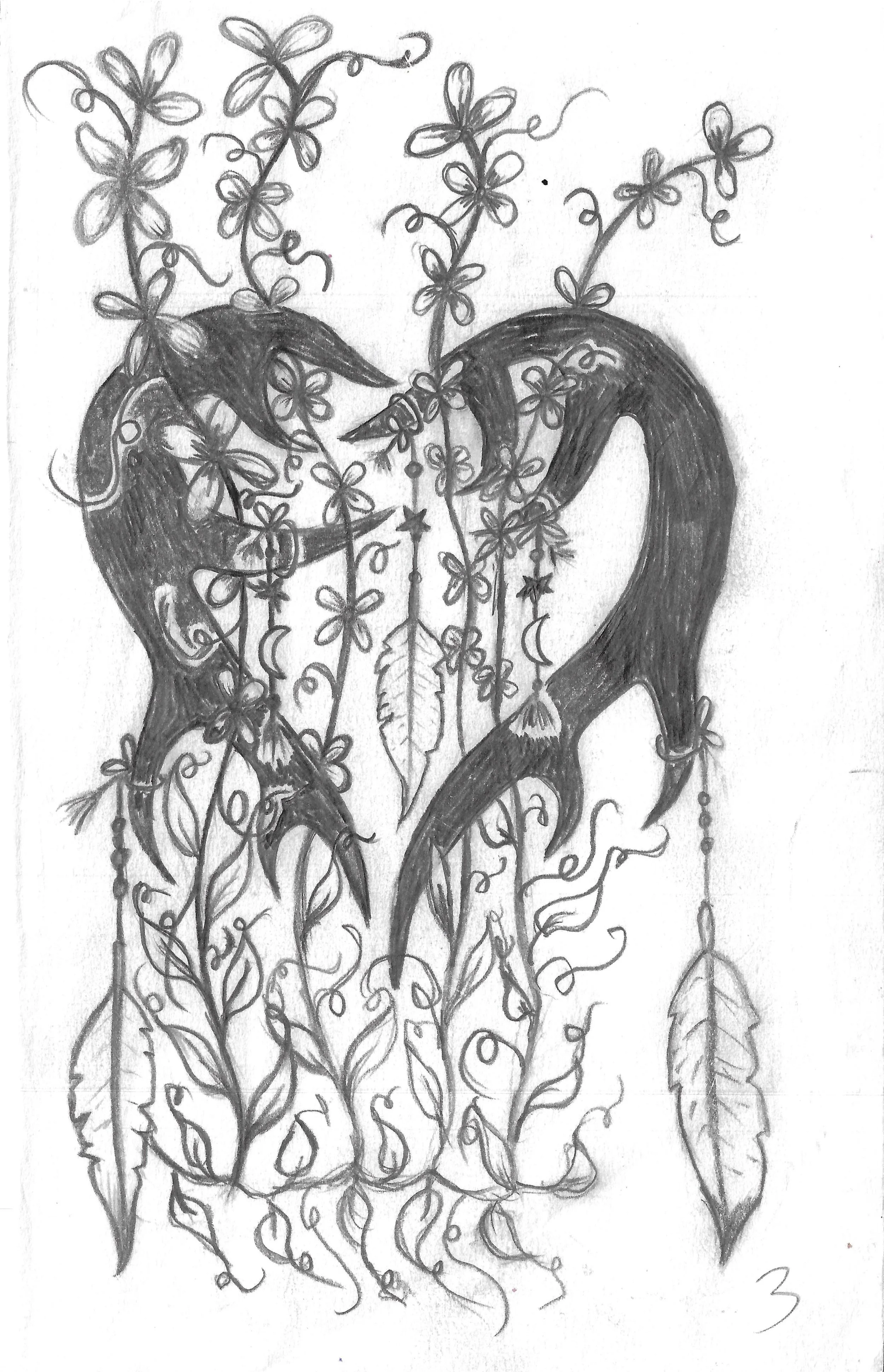 "Flower and Feather Heart" / 2026 / Graphite on paper / 8.5" x 7.5" / FOR SALE $25. A monochrome tattoo design with a heart formed from two antler-like curves. There are small flowers growing up through the heart. Feathers and strings of heart and mo