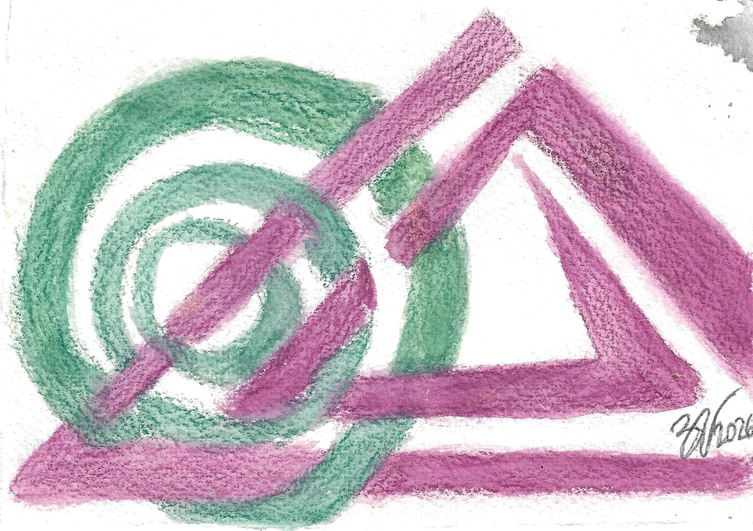 "Ringed", graphite and watercolor on paper, 2026. A rectangular spiral - blue with fuschia borders - with bi-color rings of different sizes interwoven.