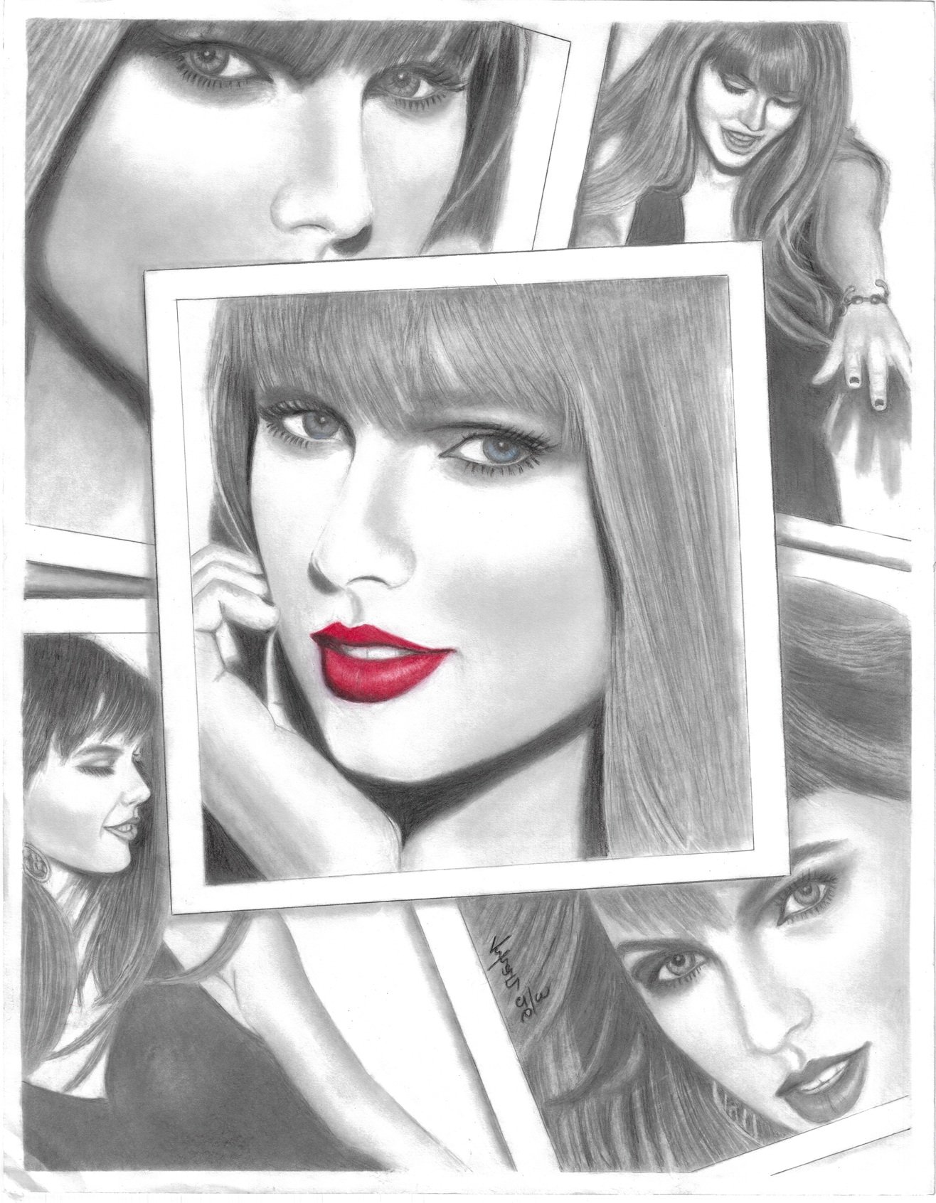 "Taylor Swift Collage" / 2026 / Graphite and colored pencil on Bristol / 28" x 22" / FOR SALE $500-1000. Realistic drawings of Taylor Swift in that look like five overlapping black and white photos. The center photo has red lips and blue eyes