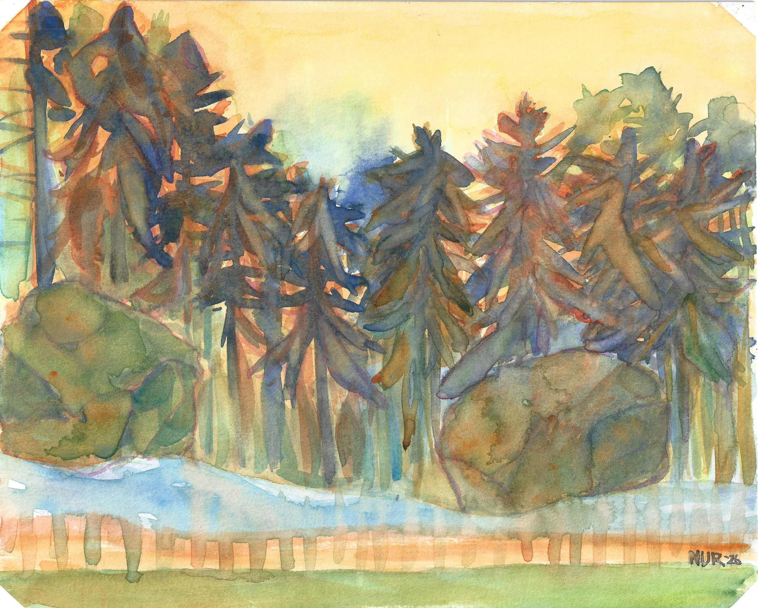 "Trees on the Perimeter" / 2026 / Watercolor on paper / 8 " x 10" / FOR SALE $20-30. Stand of tall dark trees silhouette yellow and orange background, two large boulders in front of trees, with suggestions of a road at the bottom given by long horizo