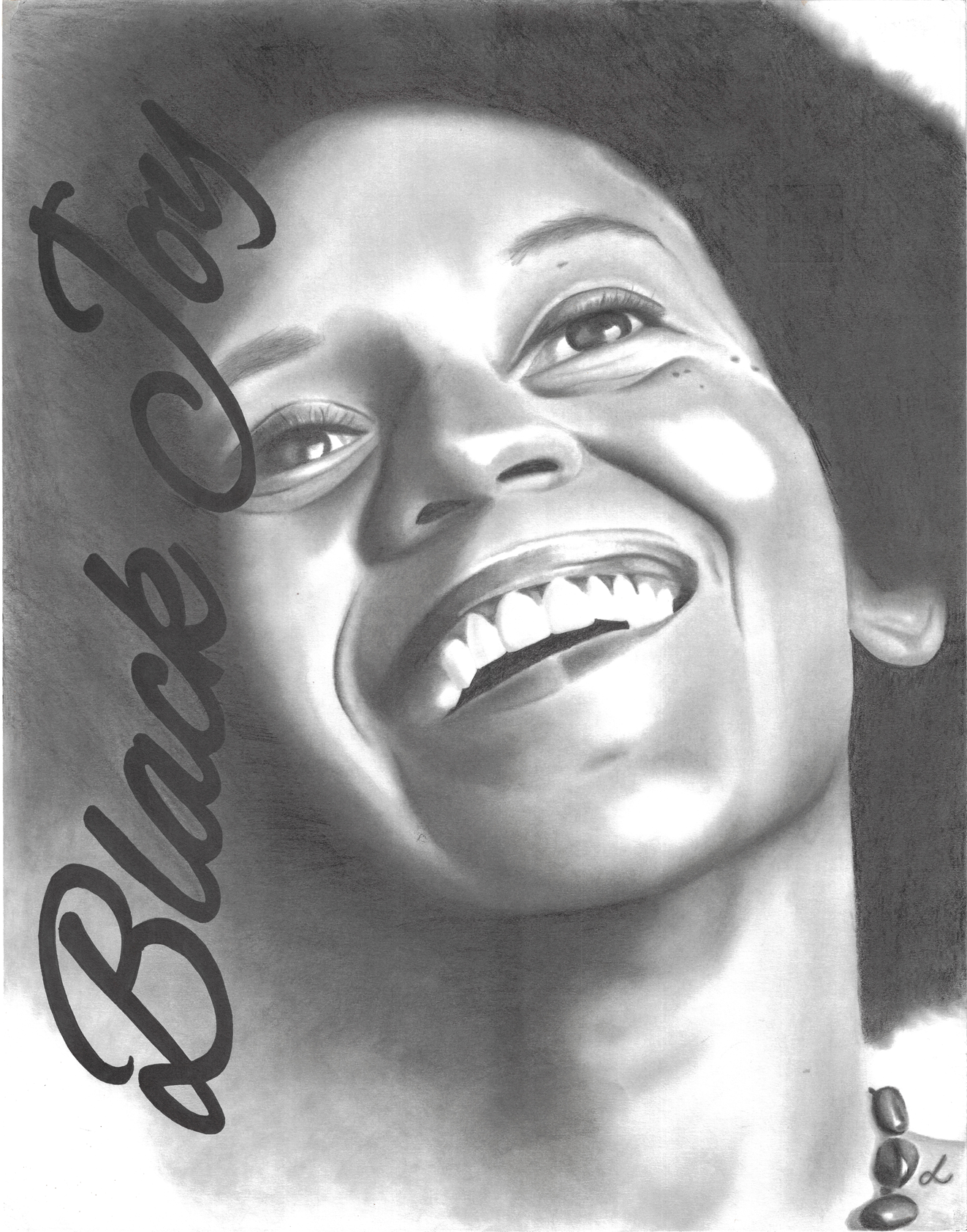 "Nikki Giovanni Black Joy", graphite and ink on paper, 28"x22". Black-and-white portrait of Nikki Giovanni with her face turned up in laughter, and the words "Black Joy" in cursive up the side of the piece