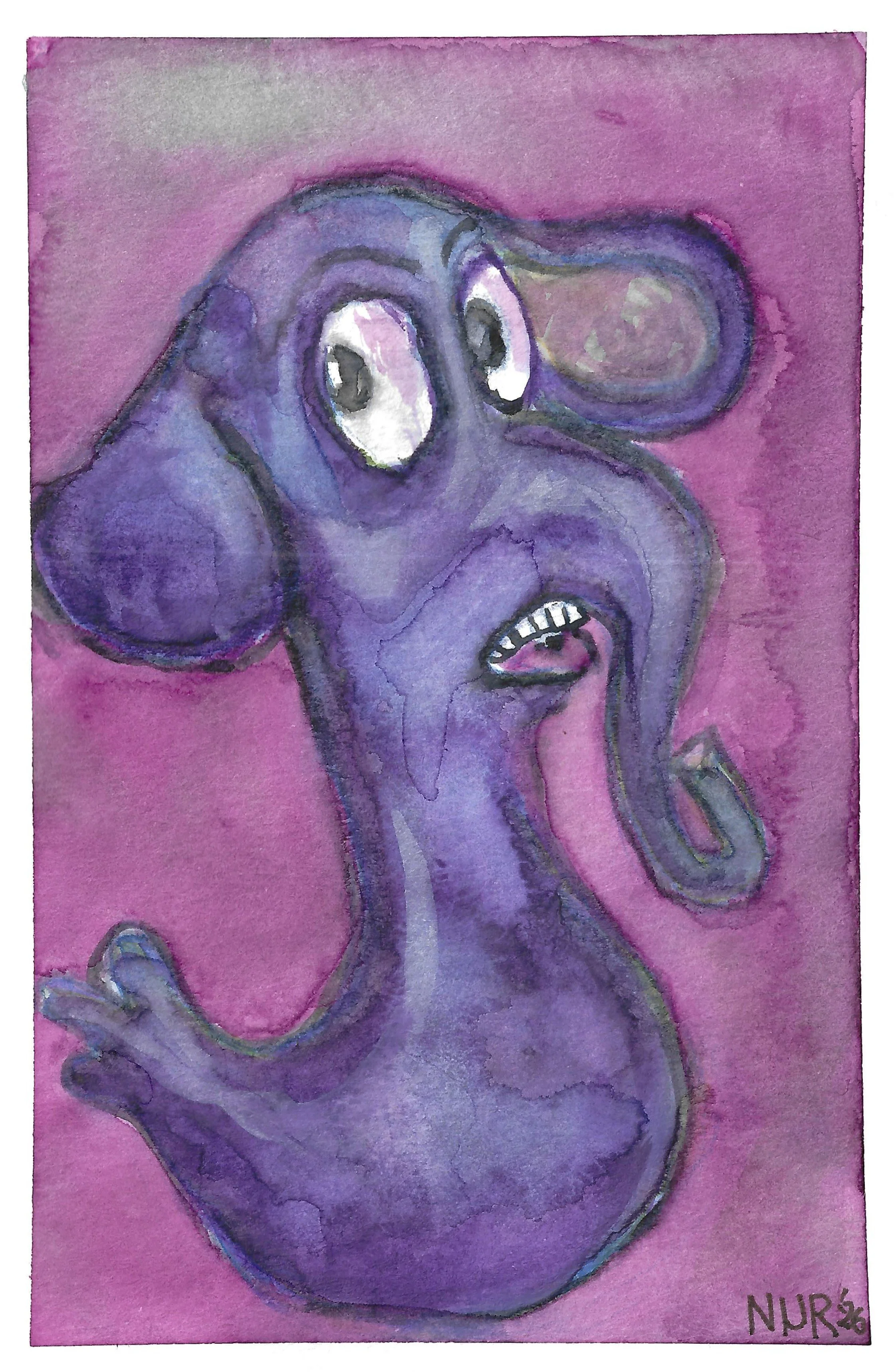 "Purple Twinkydink" / 2026 / Watercolor on paper / 6" x 4" / FOR SALE $5-10. Imaginary smooth cartoonish animal figure with an elephant like head that flows into a limbless duck like body floating in plain colored background.