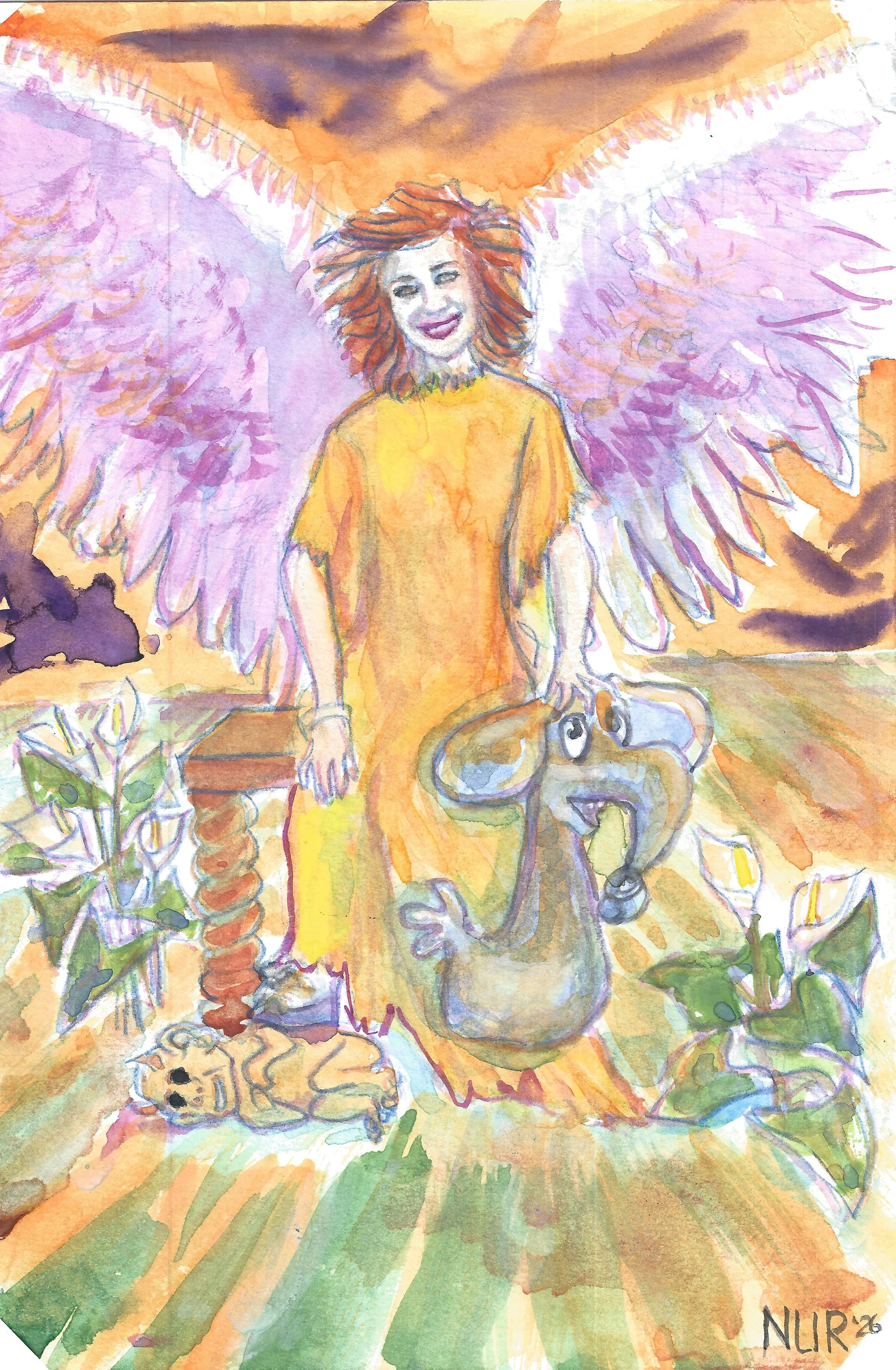 "Self-Portrait (Ascending Light)" / 2026 / Watercolor and colored pencil on paper / 9 " x 6" / FOR SALE $20-30. Artist pictured facing front at center of the frame sitting on a ornate wooden bench in what appears to be an open field. She is smiling w