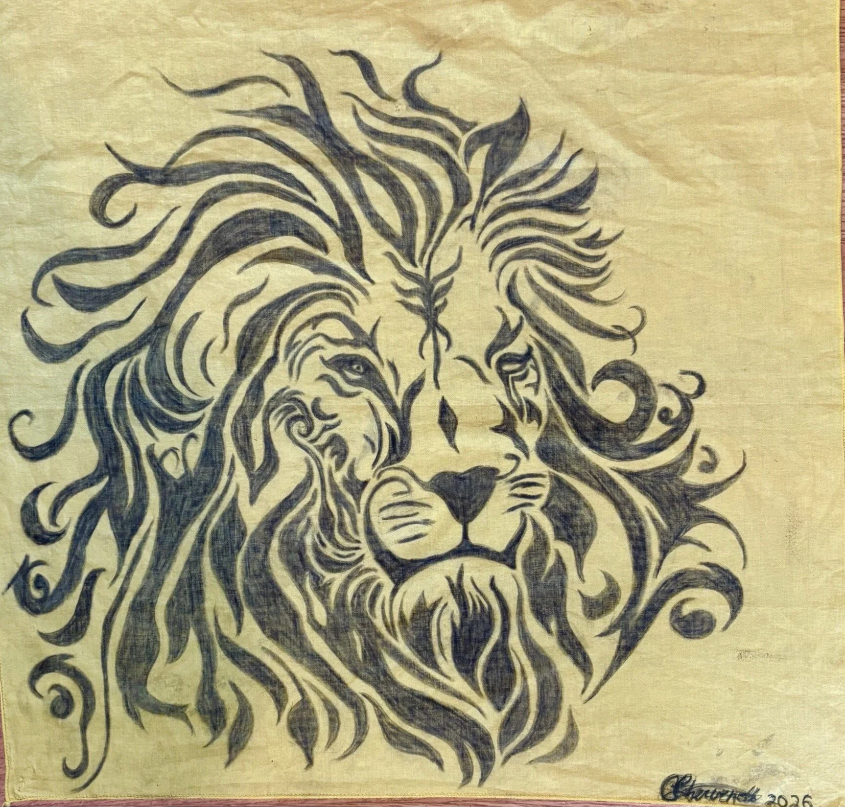 "Lion" / 2025 / Pencil and charcoal on fabric / 21" x 21" / FOR SALE $75. A monochrome stylized portrait of lion with a mane flowing out into points and swirls on a yellow background.