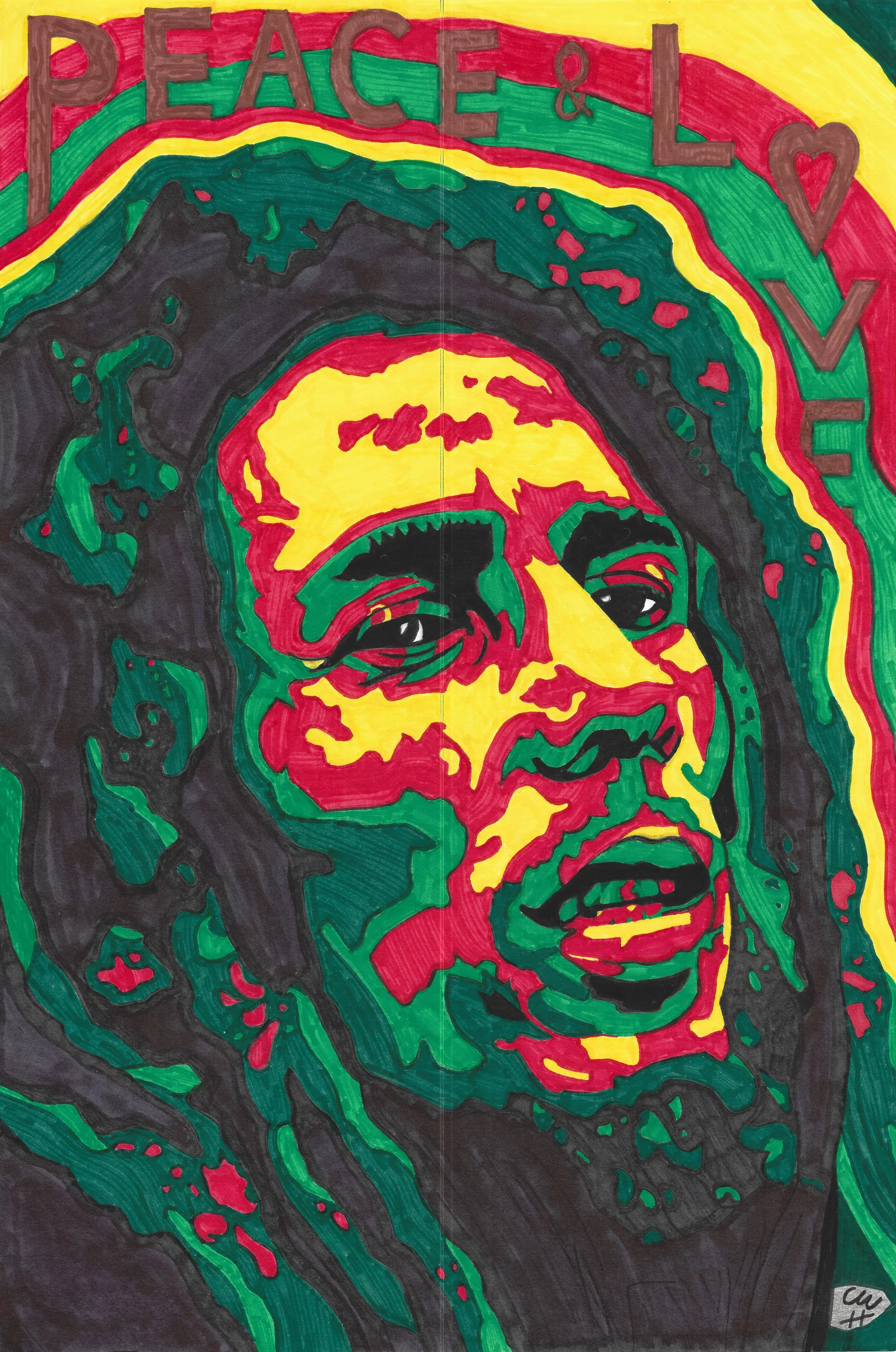 Portrait of Bob Marley in red, yellow, and green (colors of the Rastafari flag) and the words "Peace and Love"