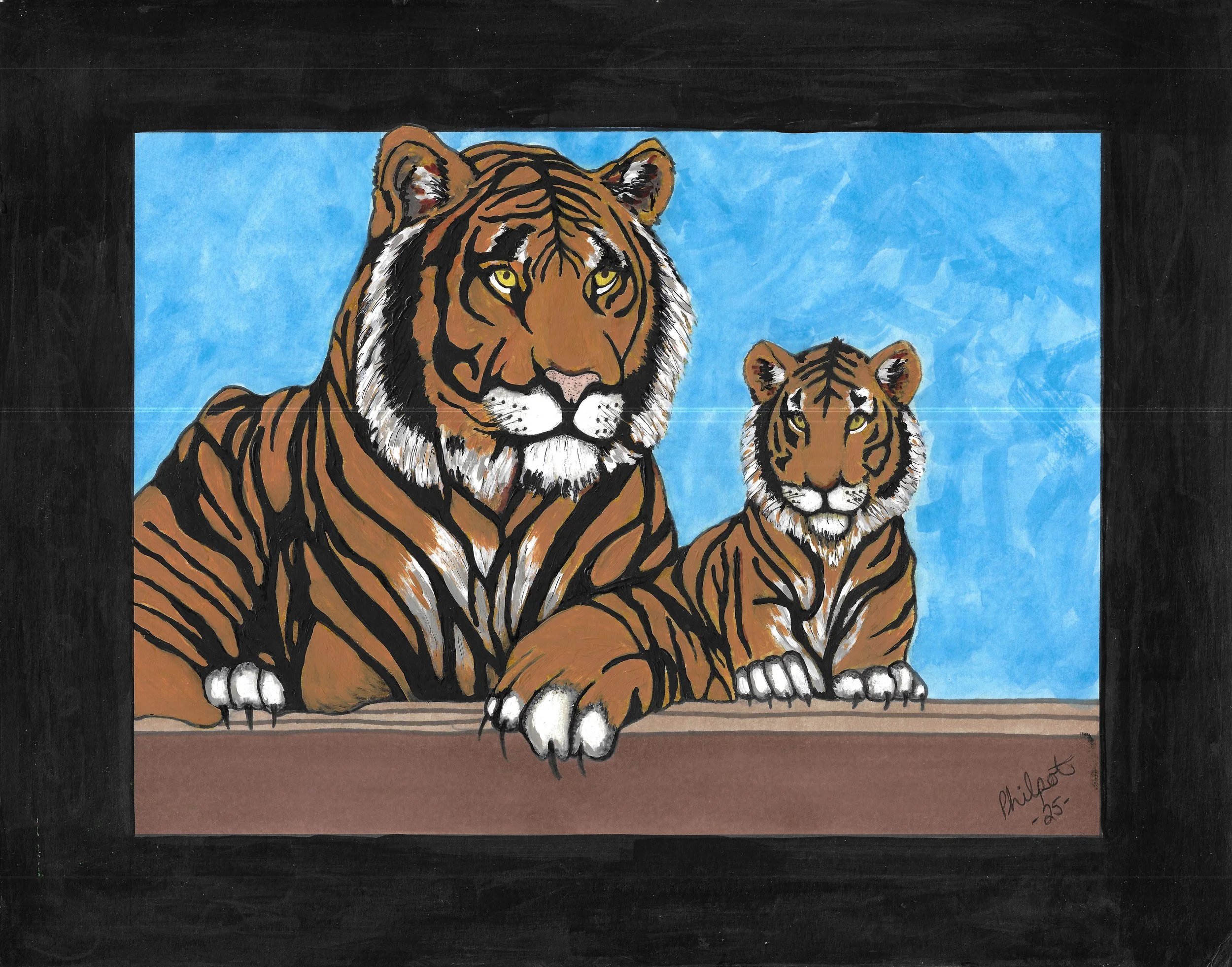 Artwork of two tigers, one adult and one cub
