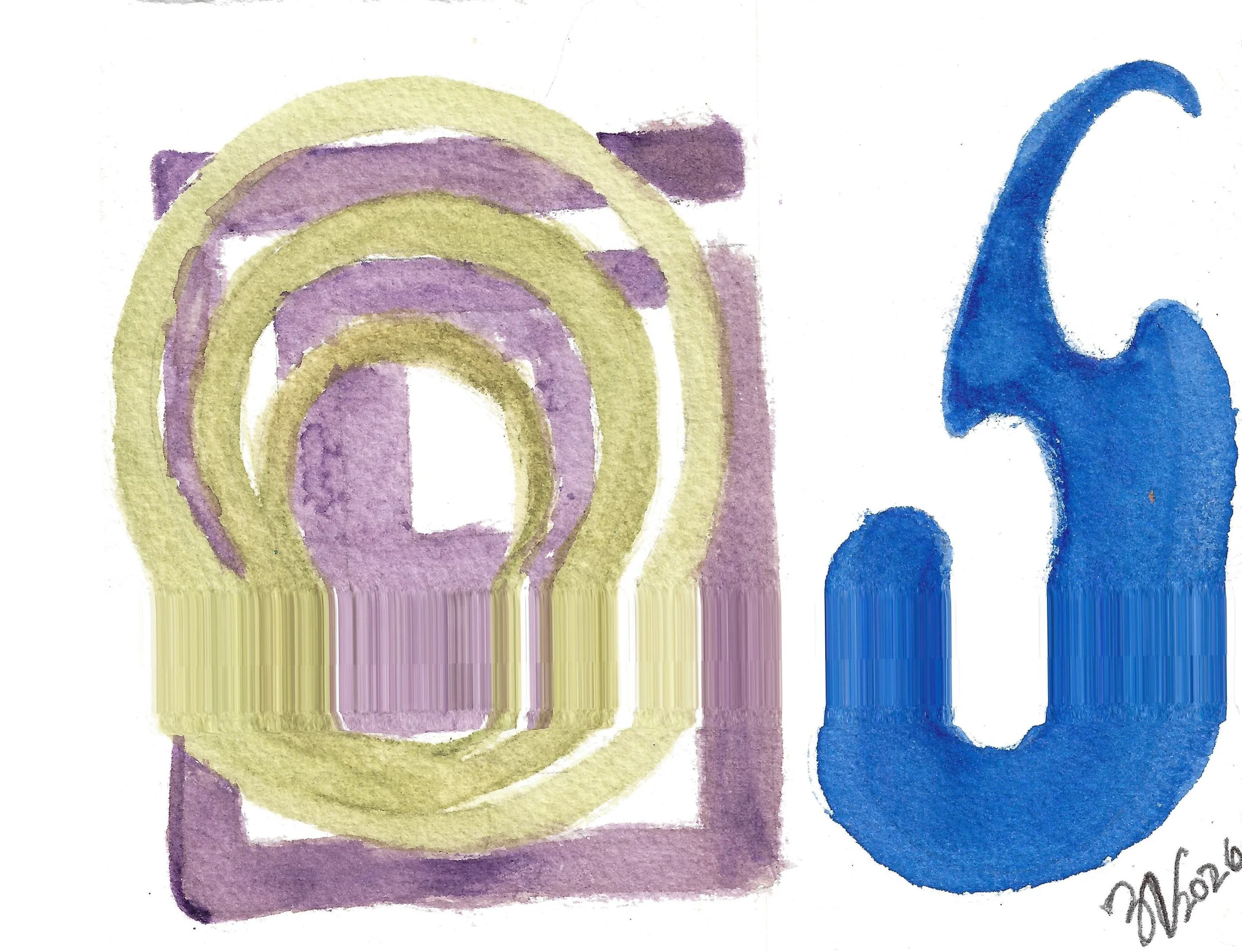 "Descending", watercolor on paper, 2026. Olive concentric circles atop a lavender variegated square-spiral; a cobalt French curve stands to the right, having hips at the bottom.