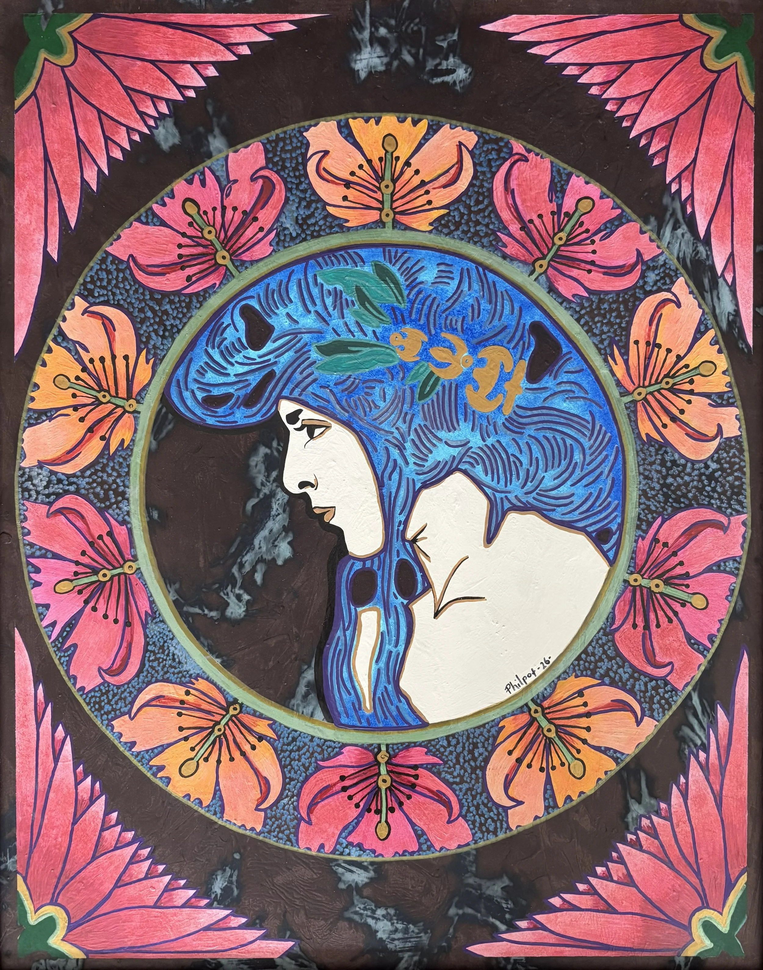 "Ode to Mucha" / 2026 / Acrylic on hardboard / 24" x 19" / FOR SALE $250. A white person with masses of blue hair in profile within a brown gray marble-like circle in the center of the piece. Around the center circle is a border of fuchsia pink and g