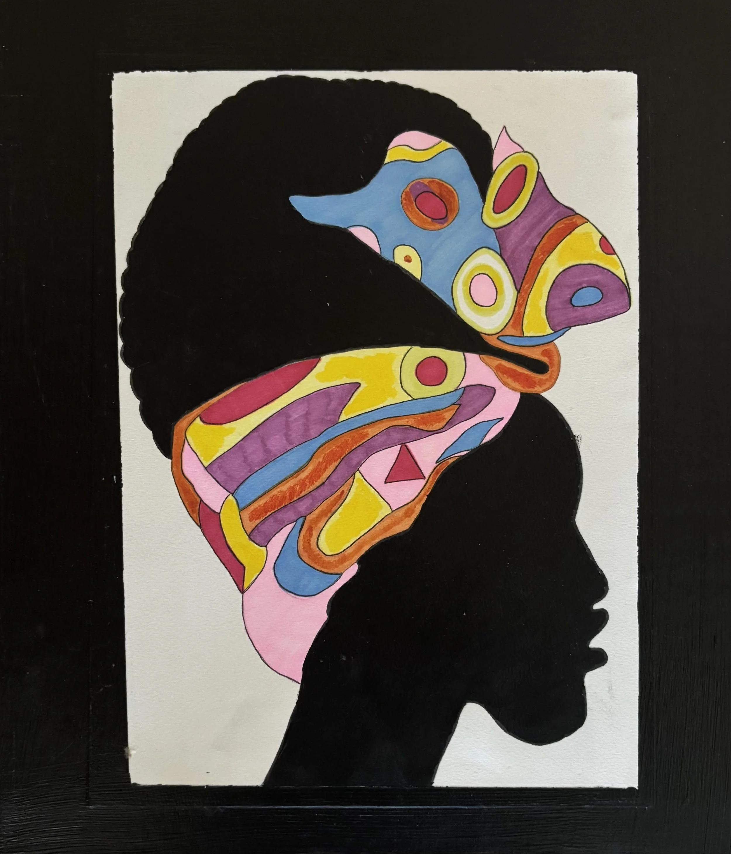 "Quantum Ob1 #18" / ≈ 14" x 11". A solid black profile of a face with a bright multicolored headwrap around an afro. It is on a white rectangle with a black border  