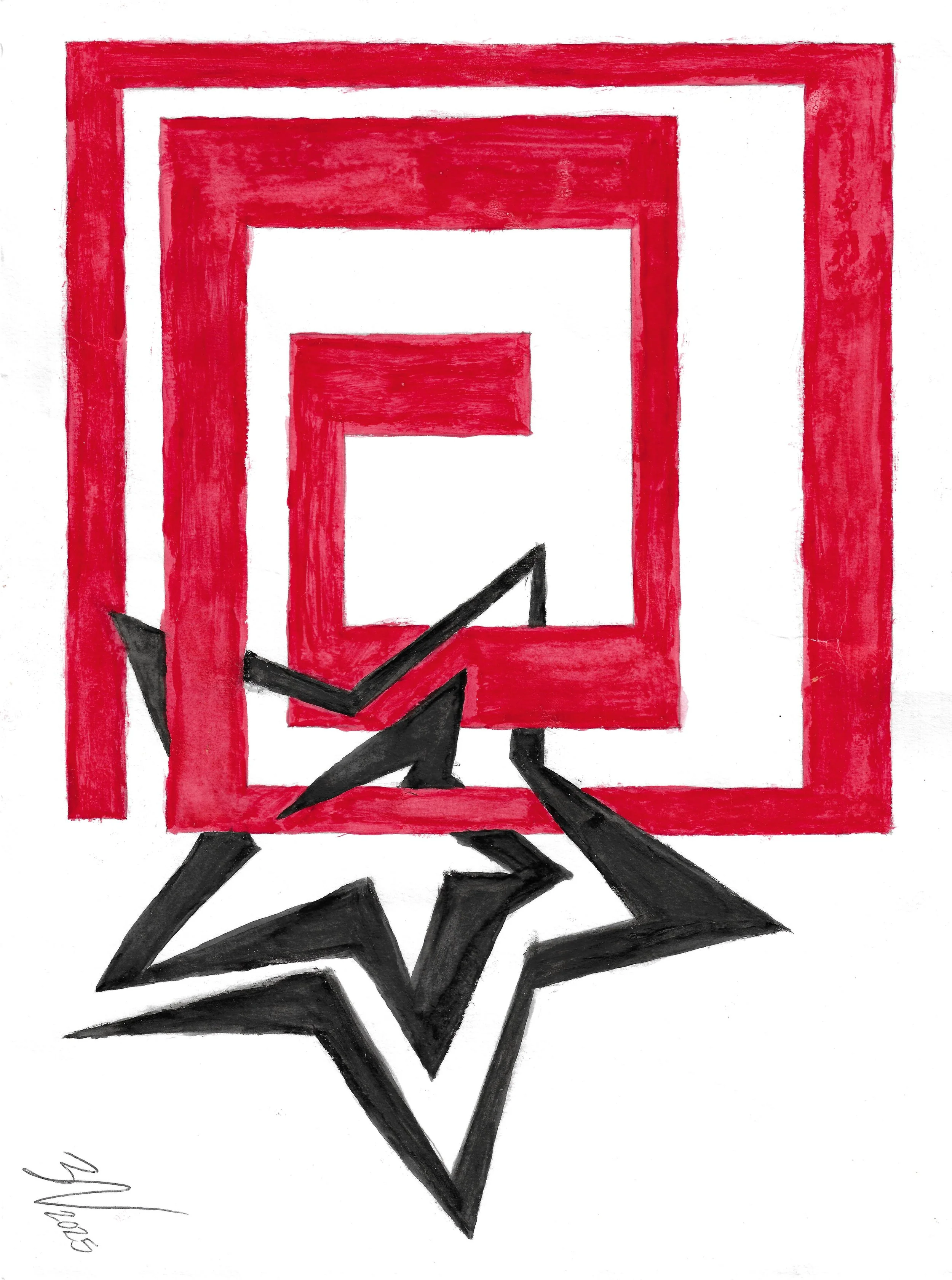 "Bowie Box", acrylic and graphite on paper, 2025. A squared spiral in red links arms with a star-shaped spiral in black. Variagated thickness.