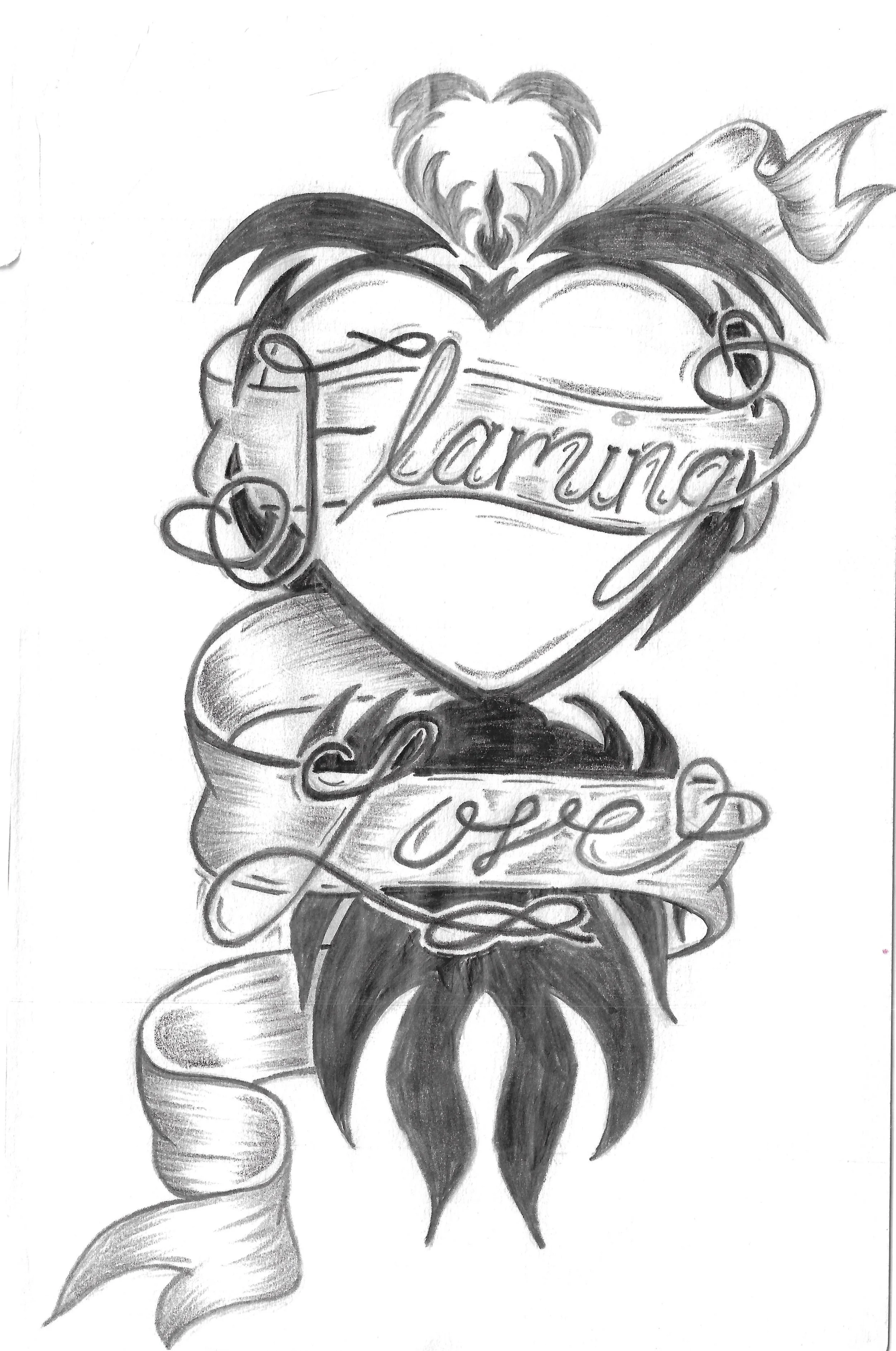 "Flaming Love" / 2026 / Graphite on paper / 8.5" x 7.5" / FOR SALE $25. A monochrome tattoo design with "Flaming Love" in script on a ribbon wrapping around a heart outline a swooping flame-like shape below it. There are hearts at the ends of several