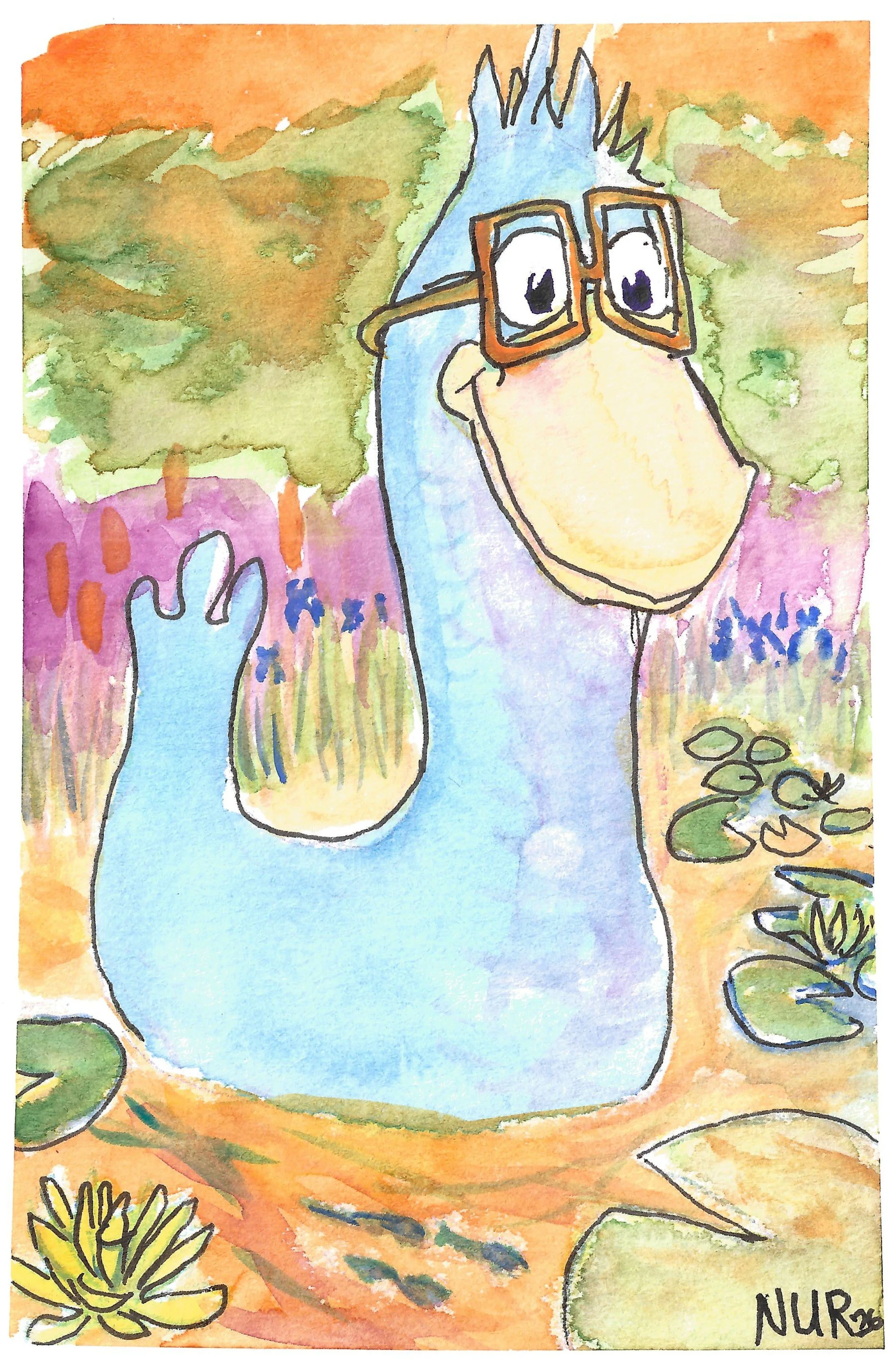 "Jackie the Lesbian Duck" / 2026 / Watercolor and pen on paper / 6" x 4" / FOR SALE $5-10. Cartoonish light blue duck floating in a pond wearing thick orange spectacles. Lily pads float around on the plane of the lake's translucent surface, its curre
