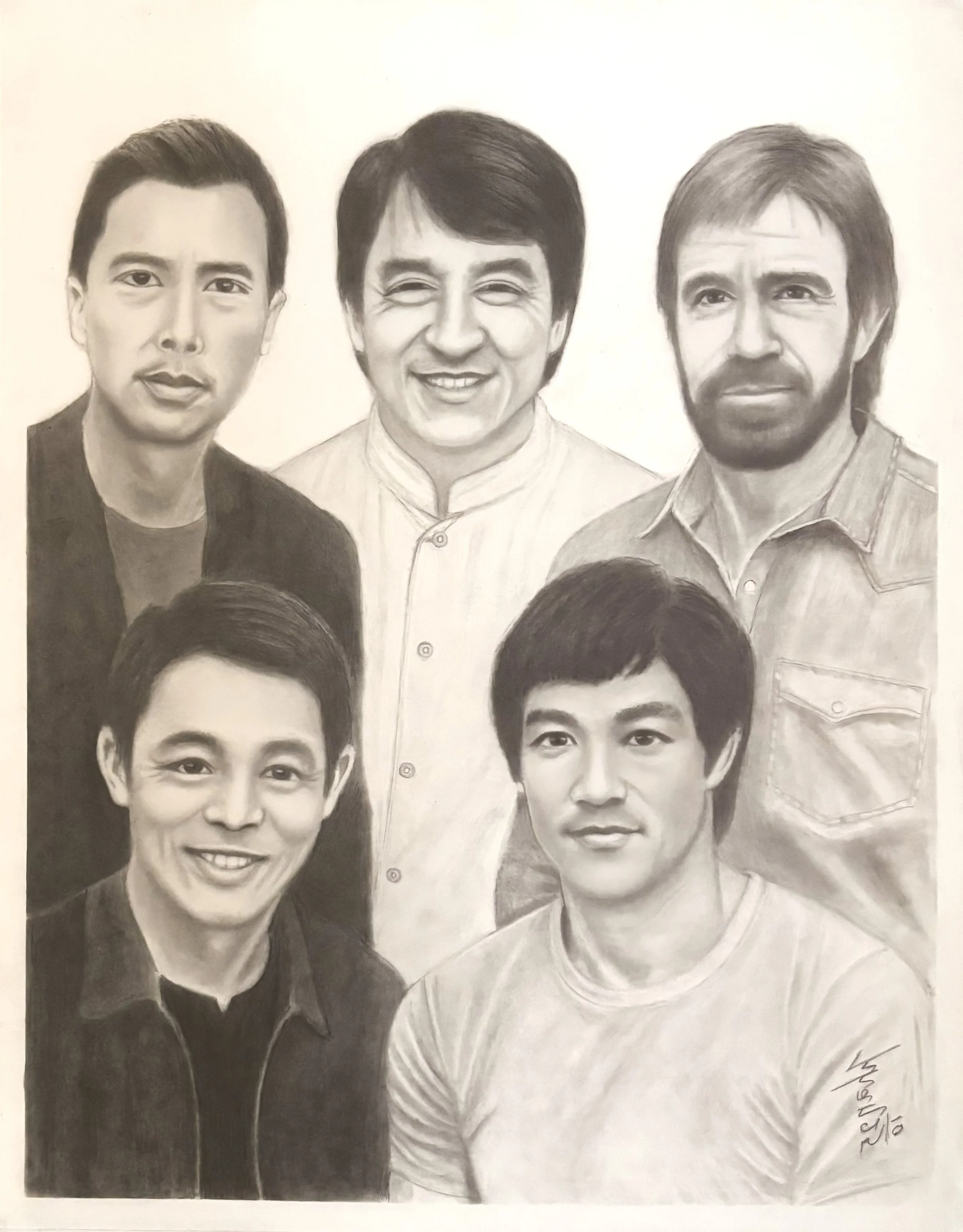 Black and white portrait of a group of martial artists all together: Bruce Lee, Jackie Chan, Jet Li, and Chuck Norris