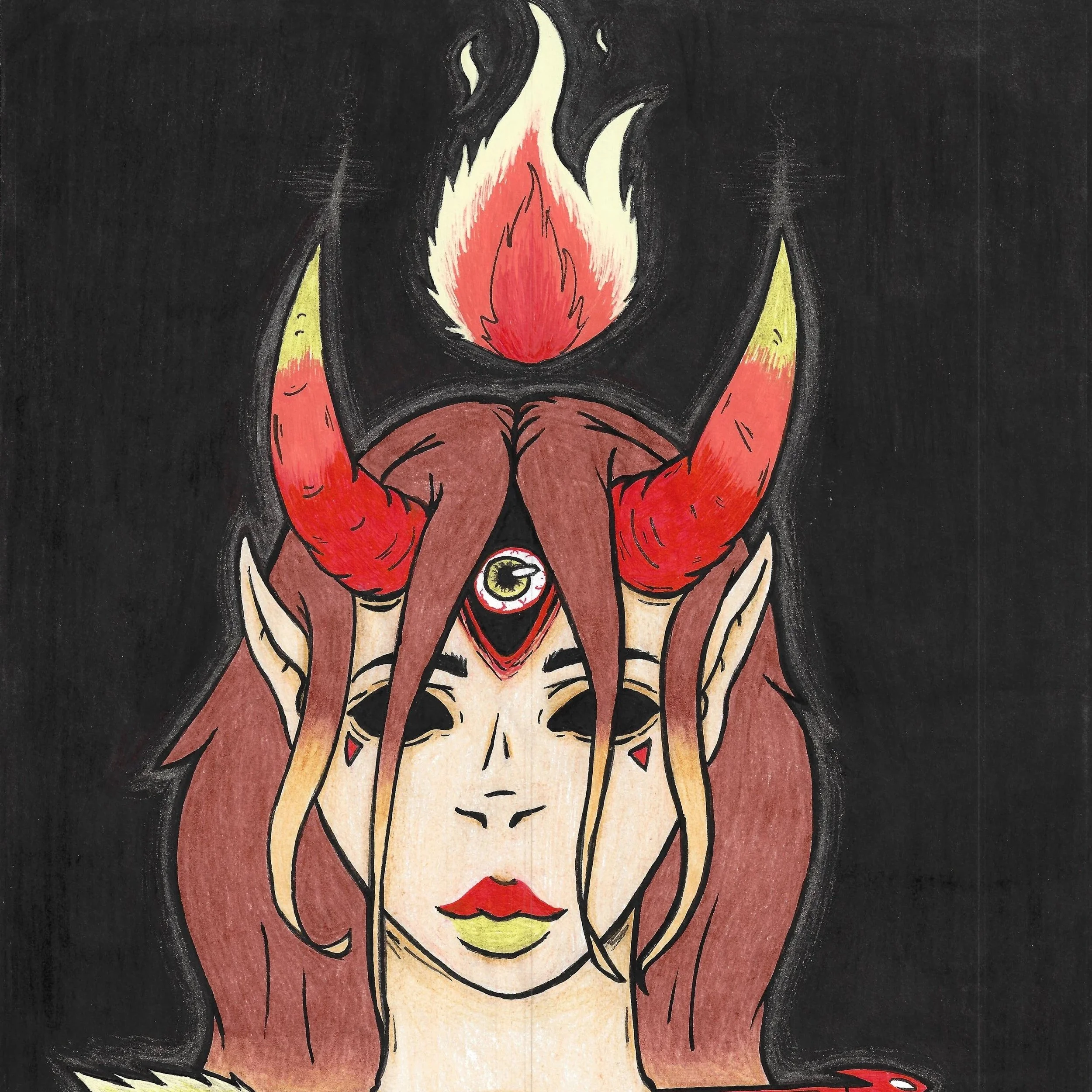 "Long Live the Queen" / 2026 / Gel pen and marker on paper. A head of a woman with an arrow through her neck and horns protruding from her forehead. There is a red, orange, and yellow theme. 