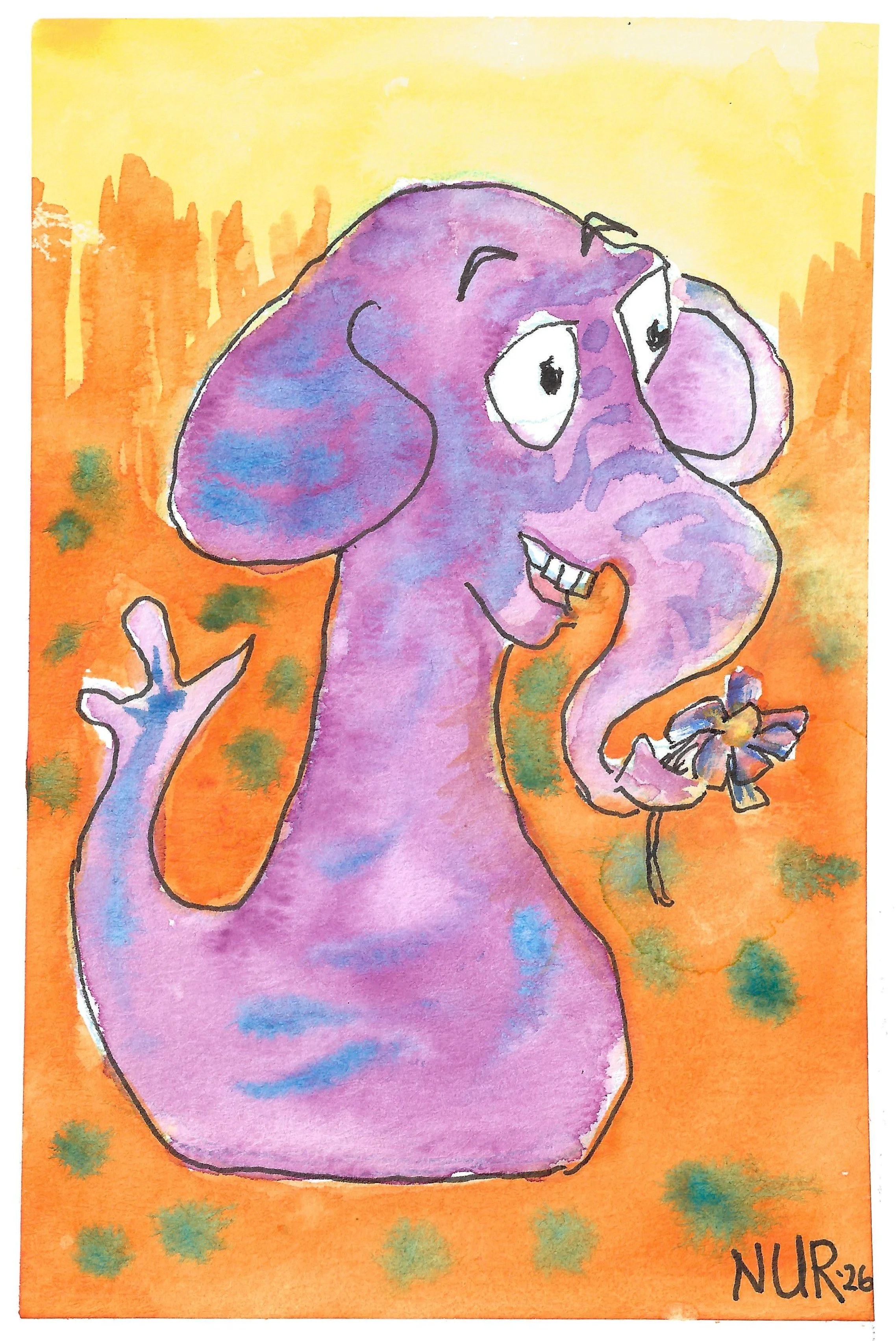"Twinkydink with Flower" / 2026 / Watercolor and pen on paper / 6" x 4" / FOR SALE $5-10. Cartoonish purple creature with an elephant like head and ducklike body holds a daisylike flower in its trunk.  colors depict a mood of happiness and desire wit