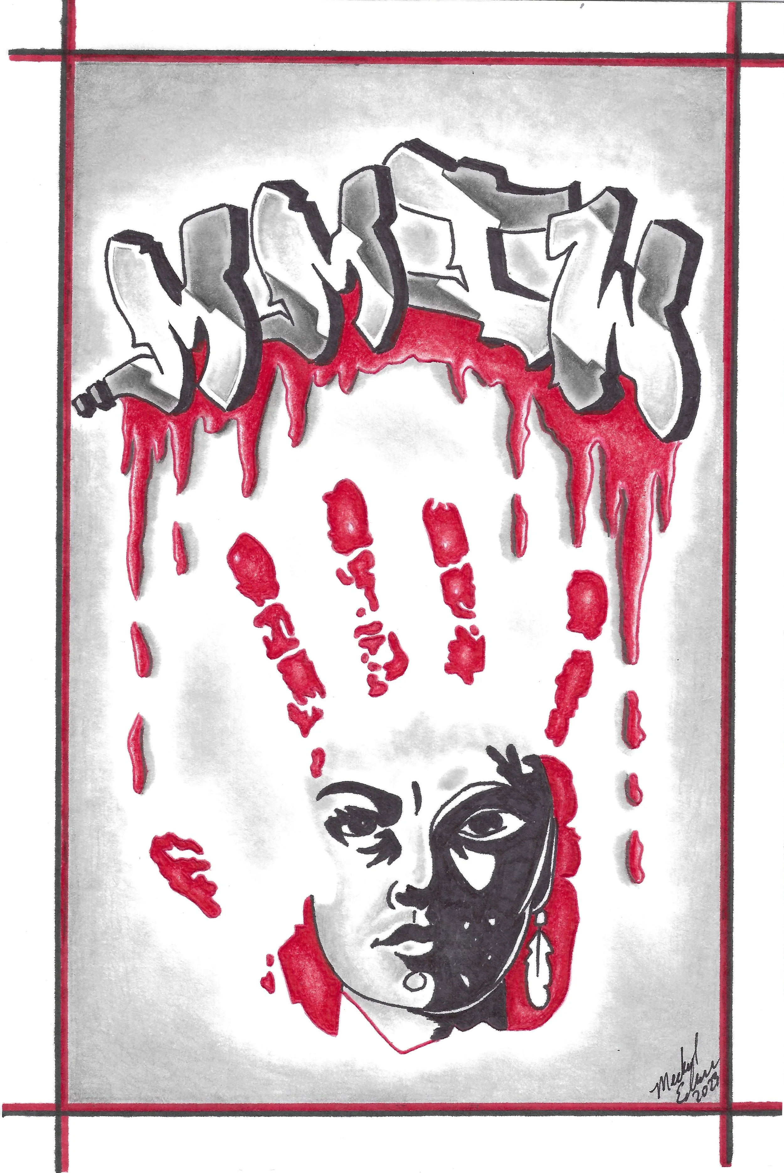 "Untitled #1", marker and pencil on paper, 2023. The face of an Indigenous woman in black and white framed by a red handprint dripping with blod and the letters "MMIW" above her, representing Missing and Murdered Indigenous Women