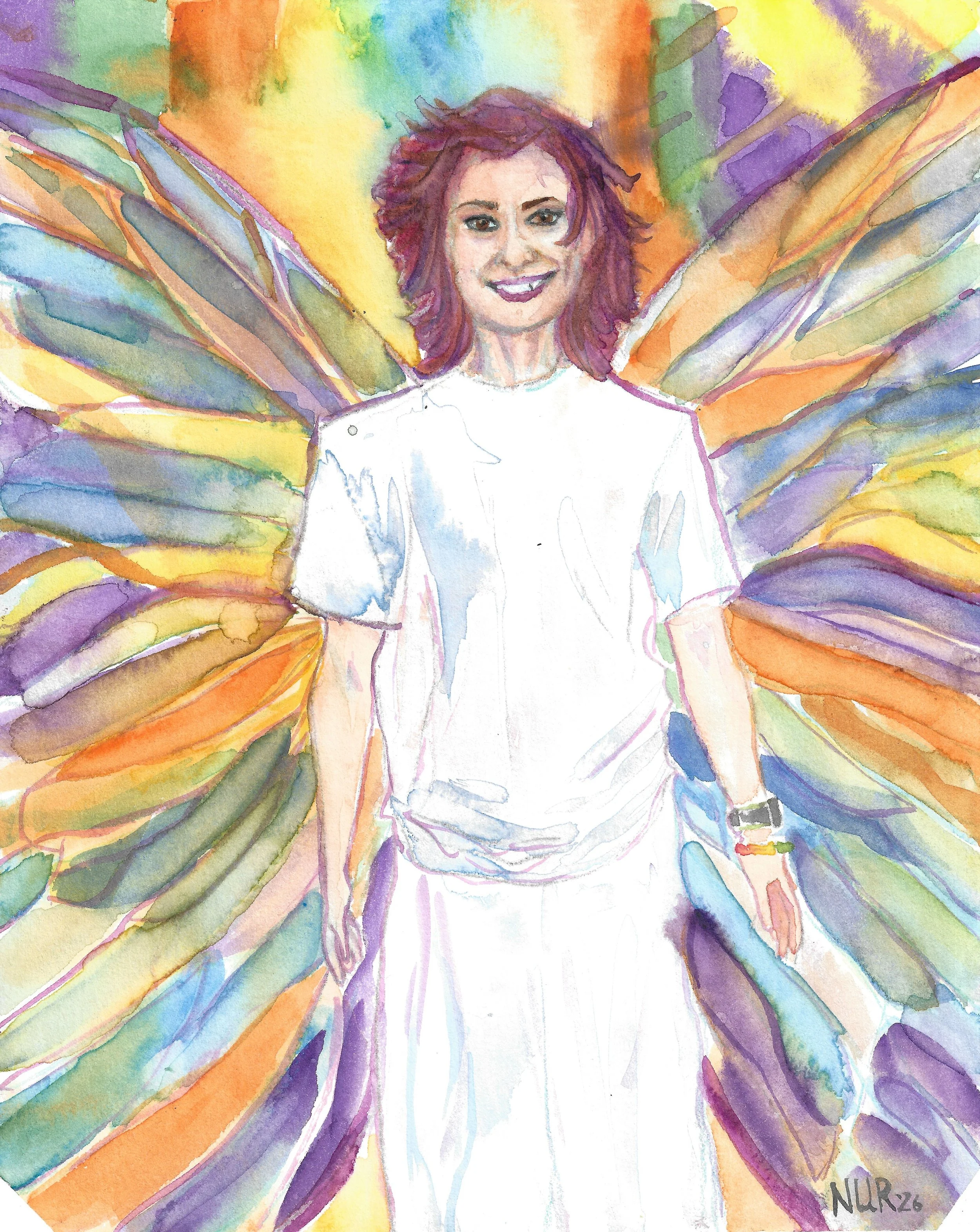 "Self-Portrait" / 2026 / Watercolor on paper / 8 " x 10" / FOR SALE $20-30. Artist is depicted as an attractive fit middle aged female of mixed Asian descent is figured on center in prison issue t-shirt and sweats, flanked by butterfly wings of green