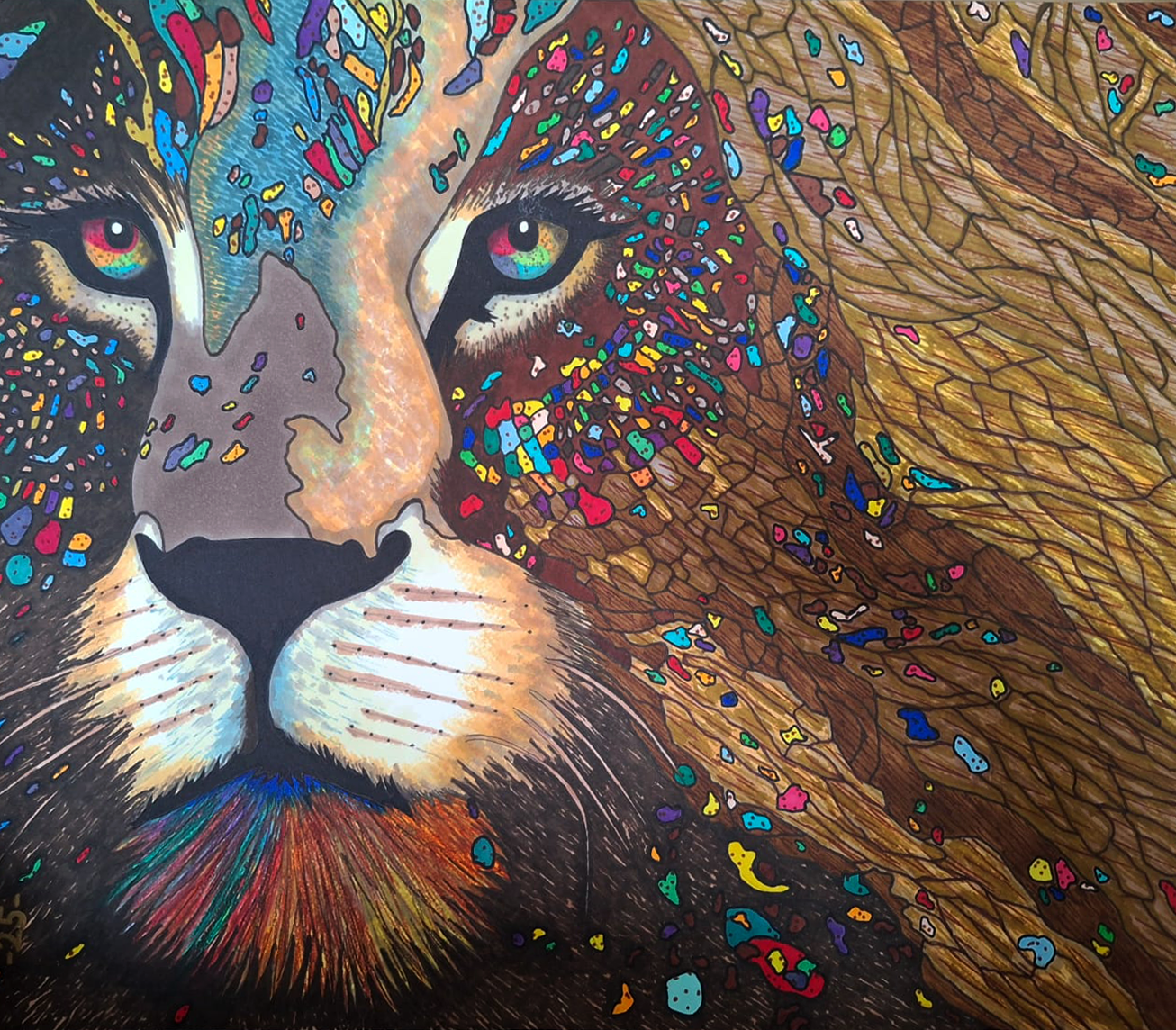 Artwork of a lion with a mosaic pattern in colors of the rainbow represented LGBTQIA+ Pride