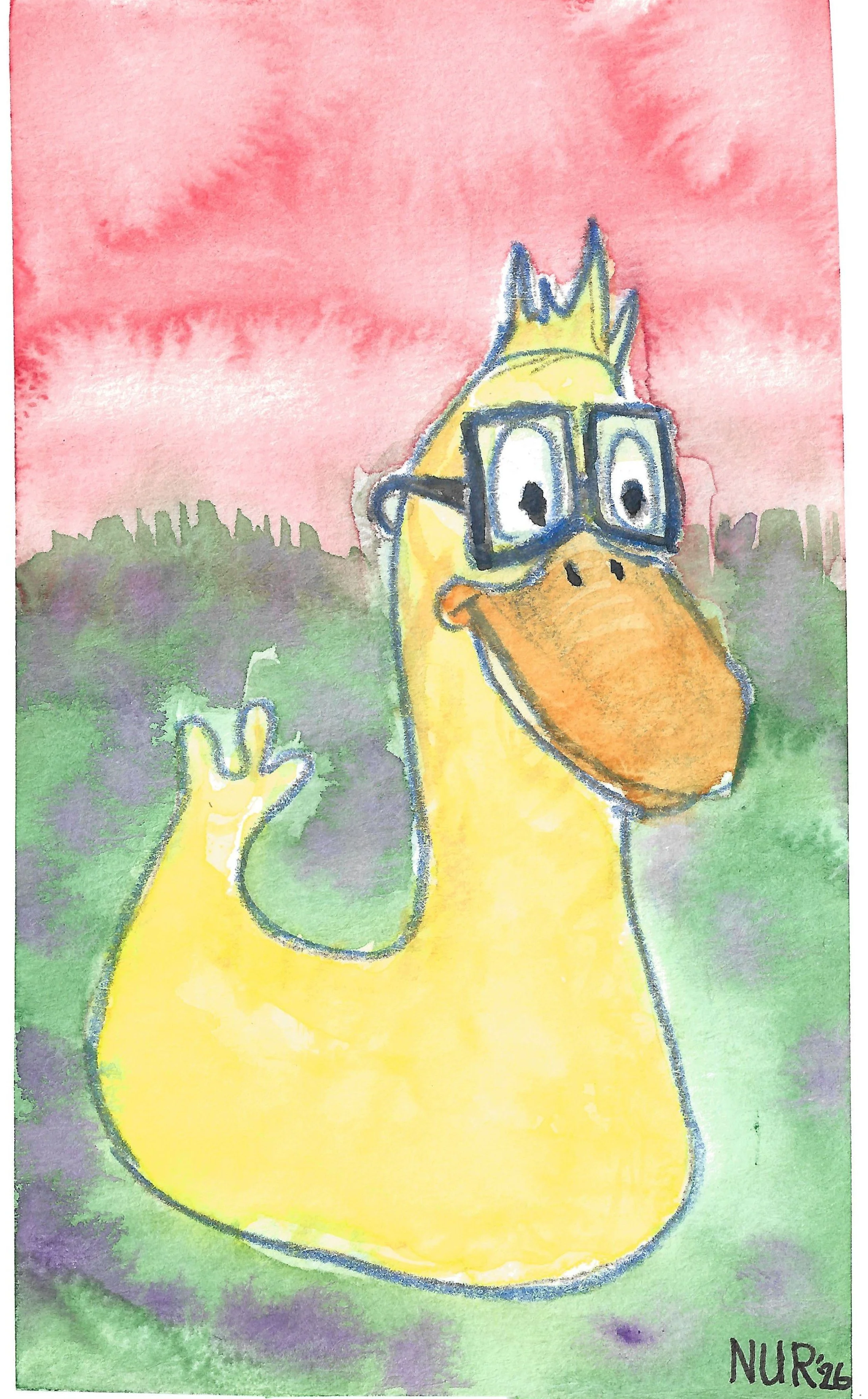 "Duck" / 2026 / Watercolor and colored pencil on paper / 6" x 4" / FOR SALE $5-10. Cartoonish yellow duck wearing thick blue spectacles, floating in a fuzzy green wash with fuzzy spots of purple. A light water marked crimson wash make up the top sect