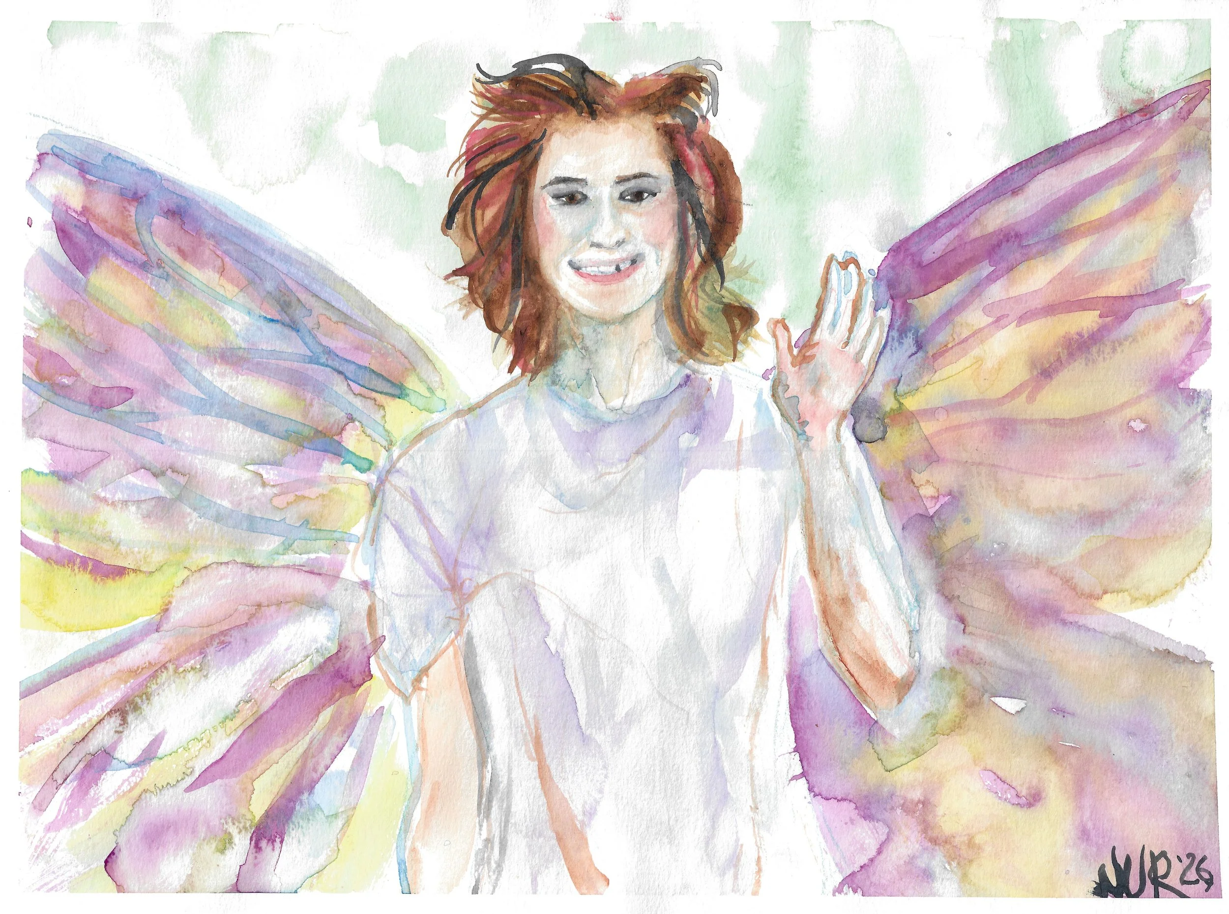 "Self-Portrait (Waving" / 2026 / Watercolor on paper / 9 " x 12" / FOR SALE $10-20. "
Artist is depicted as an attractive fit middle aged female with brown and red hair of mixed Asian descent framed center from the waist up in the prison uniform t-sh