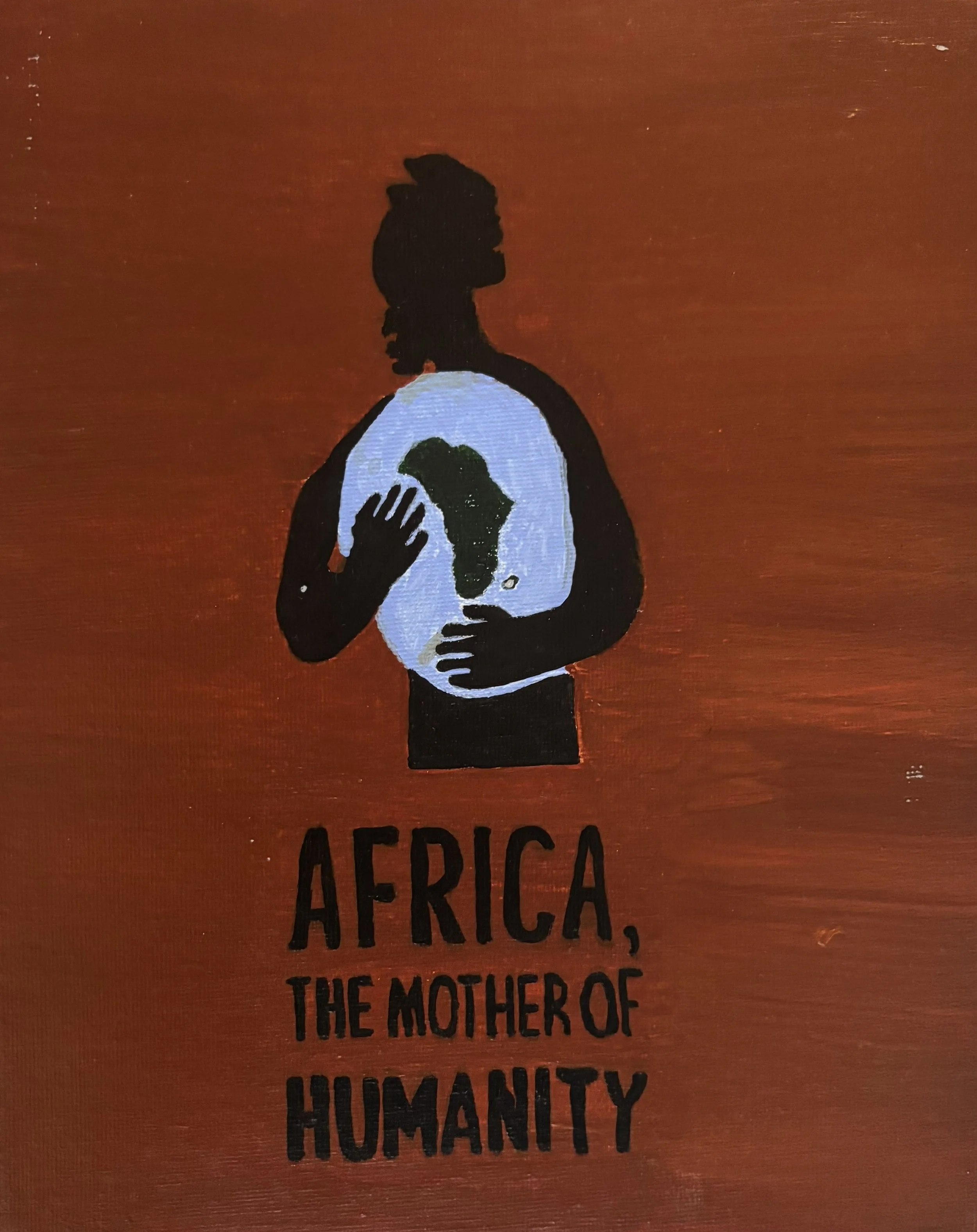 "Quantum Ob1 #6" / Paint on canvas panel / 10" x 8" / FOR SALE $50. Black figure holding earth with text, "Africa, Mother of Humanity" on a sienna background