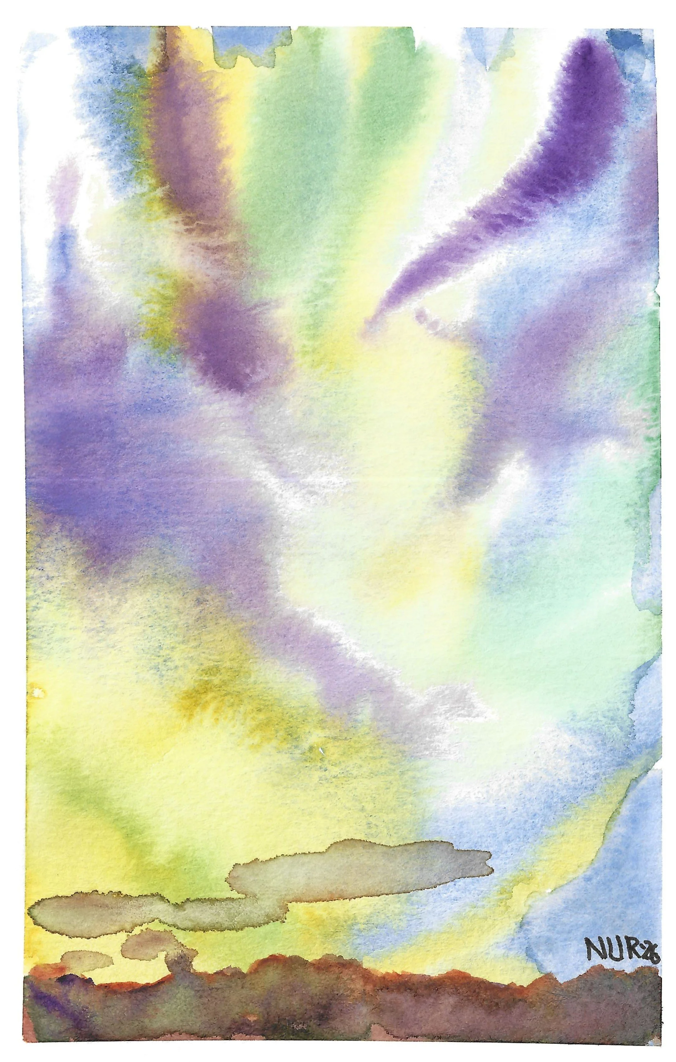 "Northern Lights" / 2026 / Watercolor on paper / 6 " x 4" / FOR SALE $5-10. Rendition of the Northern Lights in a night sky above cliffs low on the bottom of the frame. The sky is dark blue with diagonal and vertical washes of purple and green.