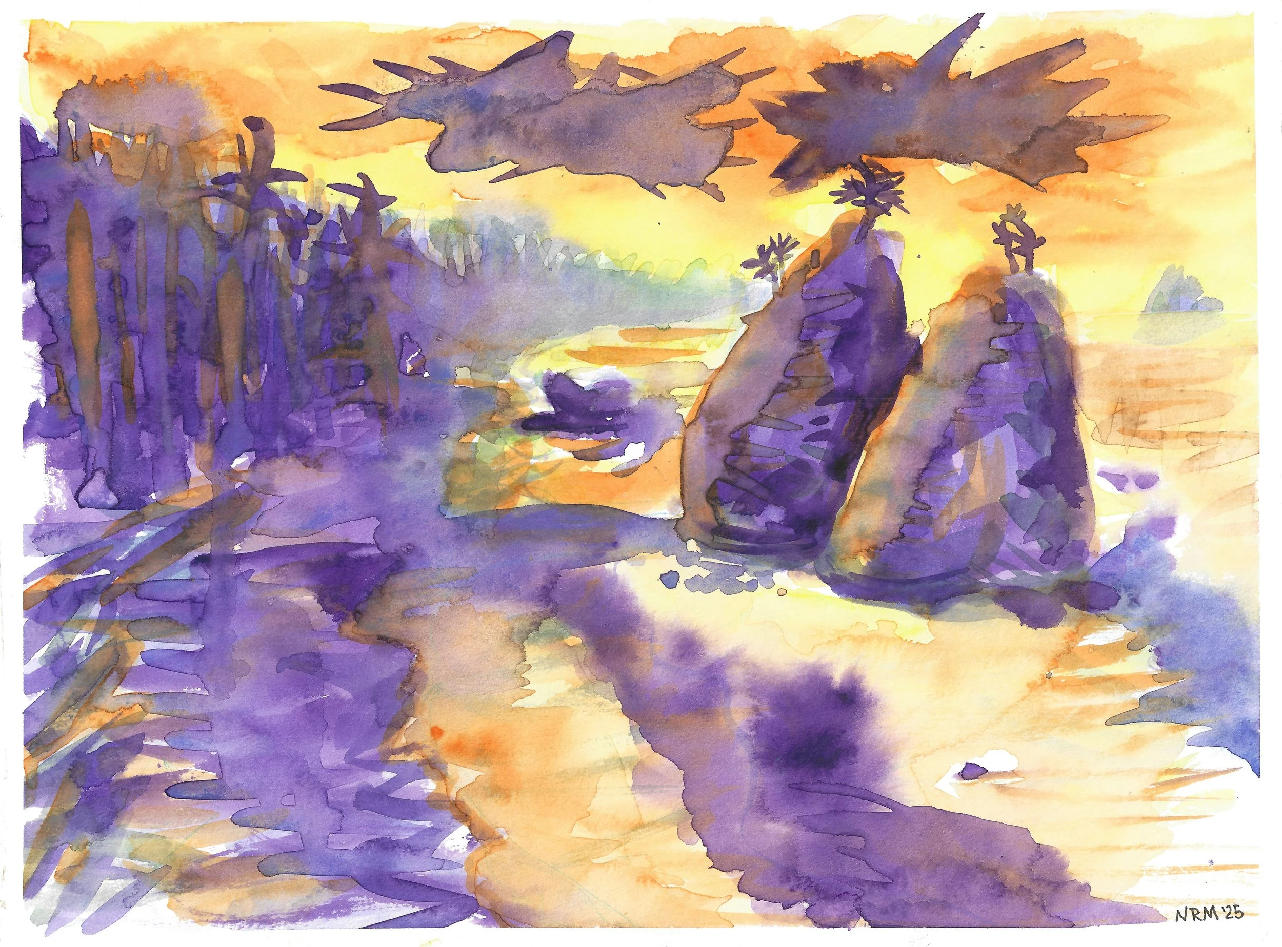 "Washington Coast #1" / 2026 / Watercolor on paper / 9 " x 12" / FOR SALE $10-20. Sea coast is depicted from a view of the horizon from a beach down the coast. Two roughly conical surf stacks with sparse trees on them come out of the water near the m