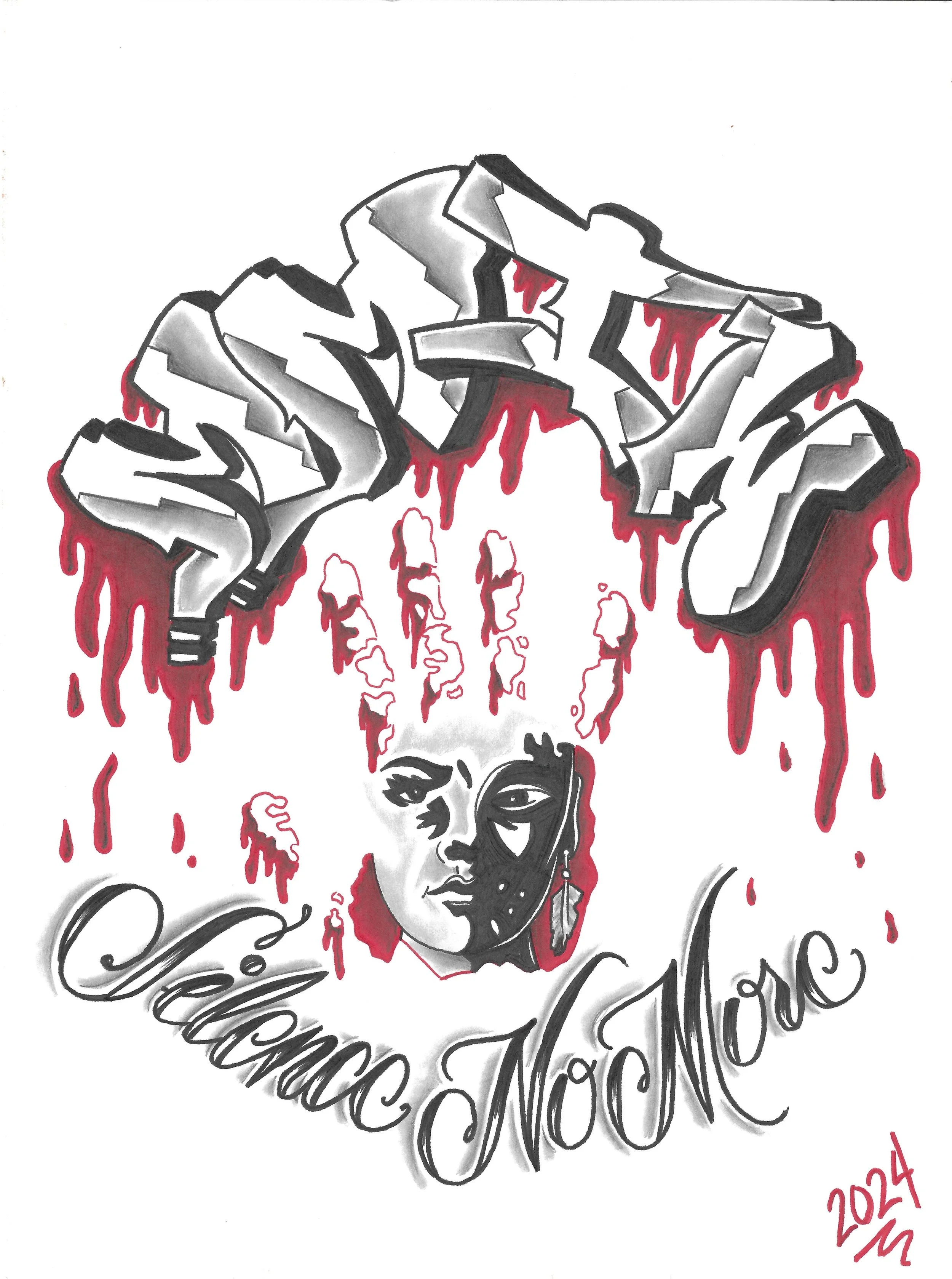 "Untitled #4", marker and pencil on paper, 2024. The face of an Indigenous woman in black and white framed by a red handprint dripping with blod and the letters "MMIW" above her, representing Missing and Murdered Indigenous Women, and the words "Sile