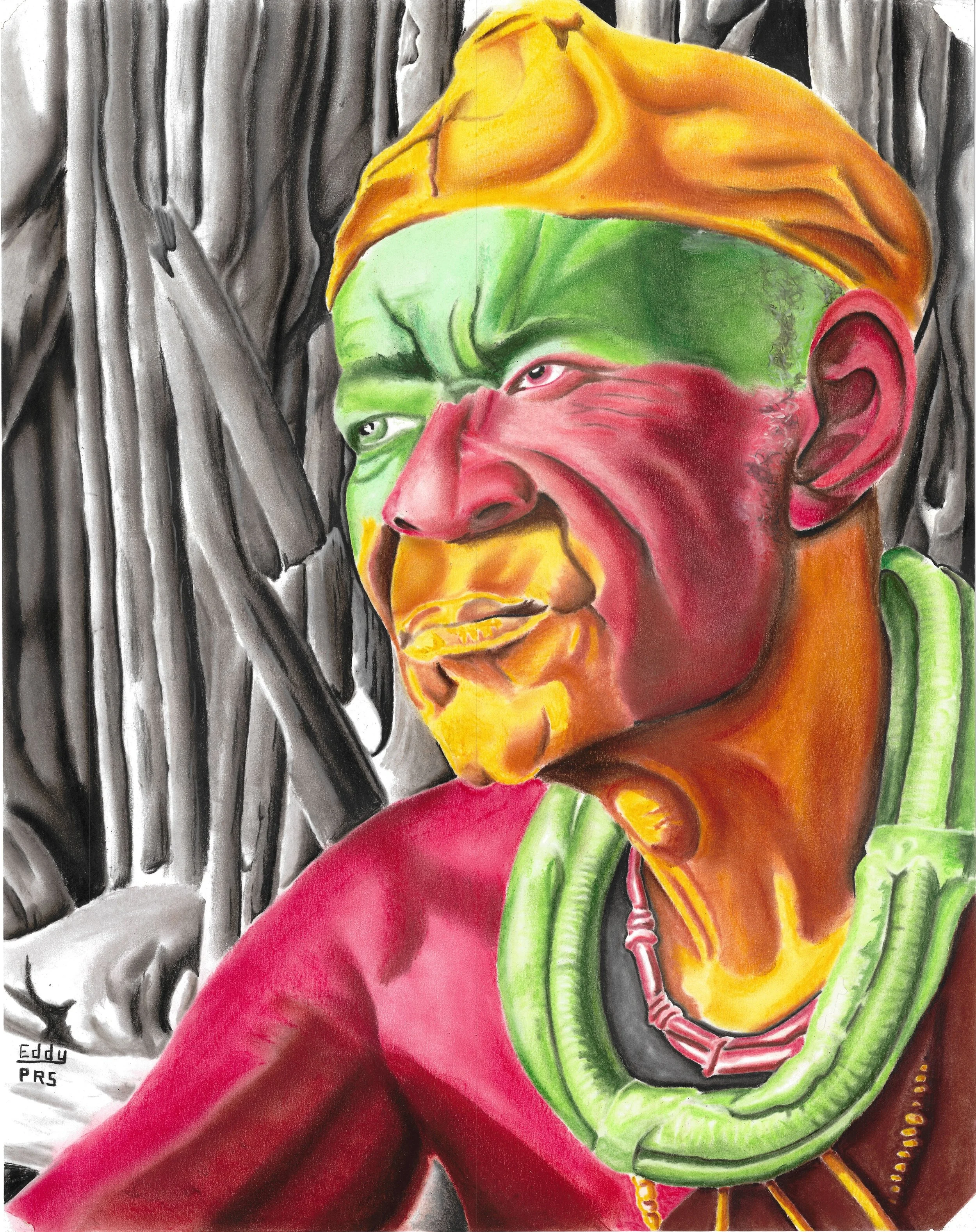 "Tribesman", pastel on paper, 2025, 24"x19". A tribesman in partial profile in multiple shades of golden yellow, green, and red looking off to the distance in concentration.
