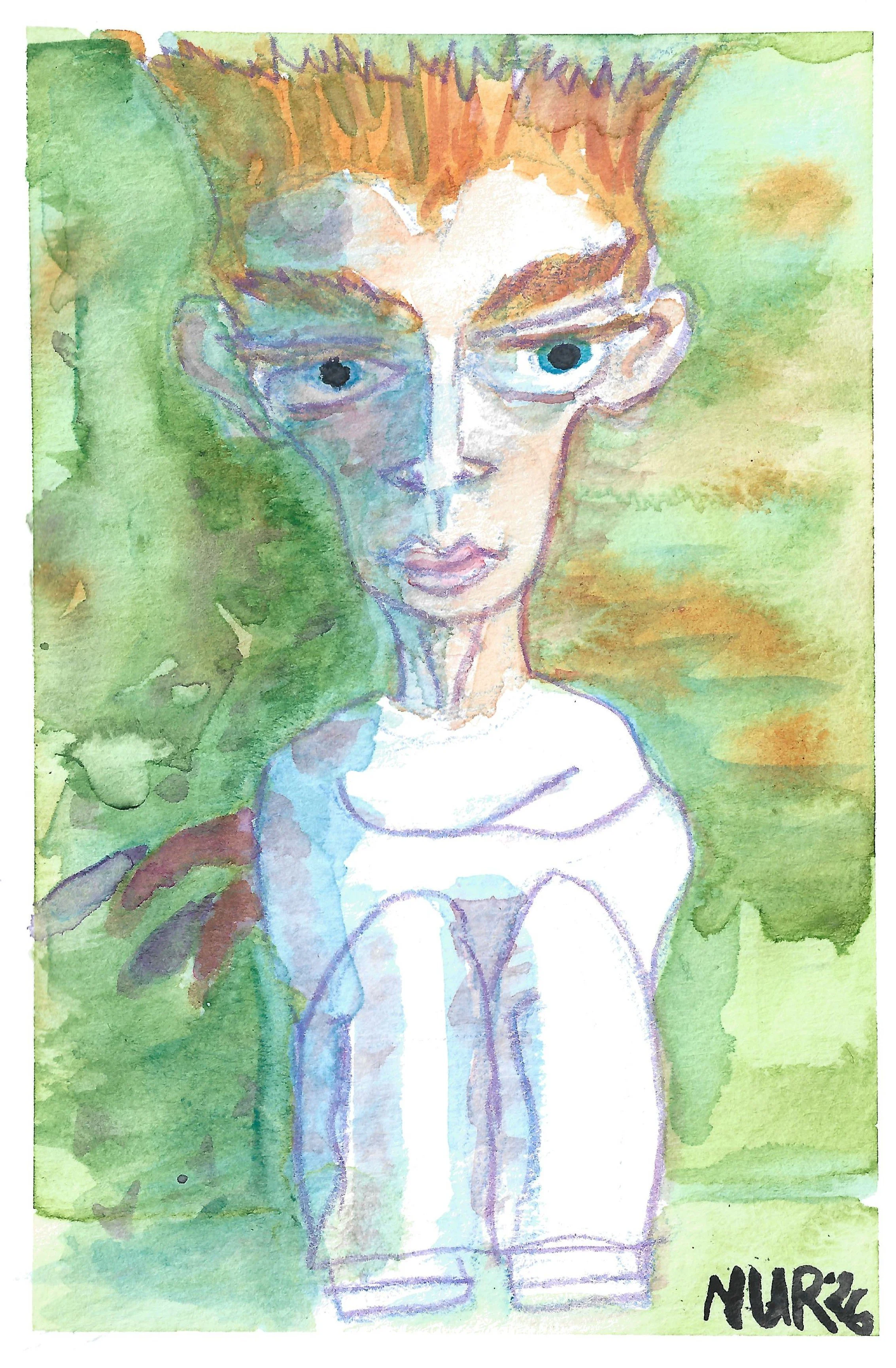 "Straitjacket Guy" / 2026 / Watercolor on paper / 6" x 4" / FOR SALE $5-10. Young white male figure in a white uniform in straitjacket sitting against a green wall. Blue eyes gaze deeply out into the frame.
