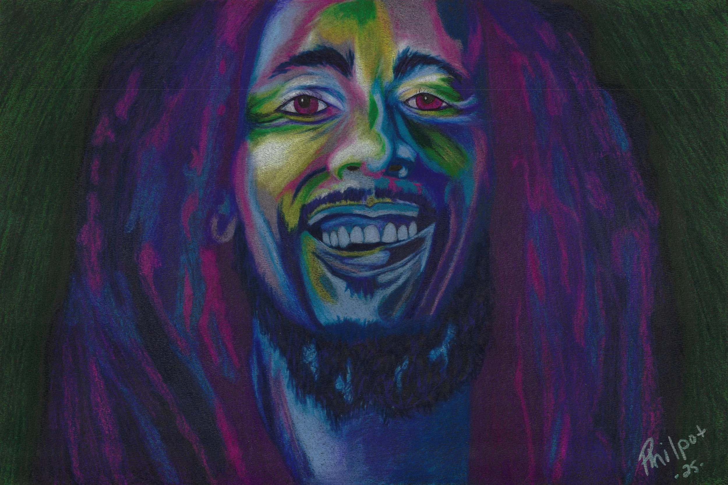 "Marley in Living Color", color pencil on paper, 2025, 12"x18". Bob Marley smiling; he is depicted in shades of green, blue, and purple-red