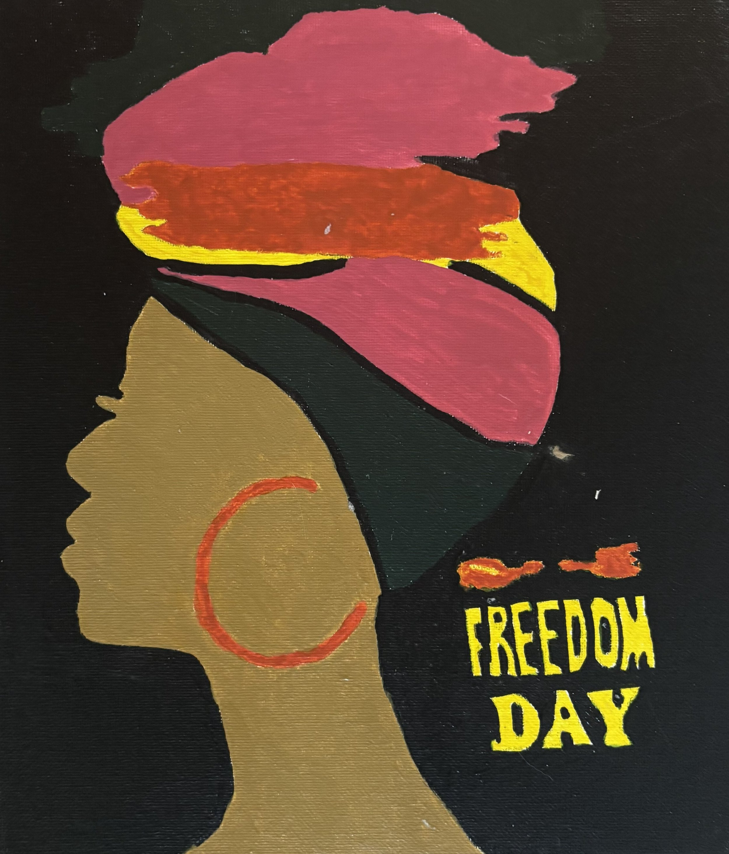"Quantum Ob1 #17" / Paint on canvas panel / 10" x 8" / FOR SALE $500. A Black woman with colorful headdress on a black background with the text "Freedom Day" written in yellow