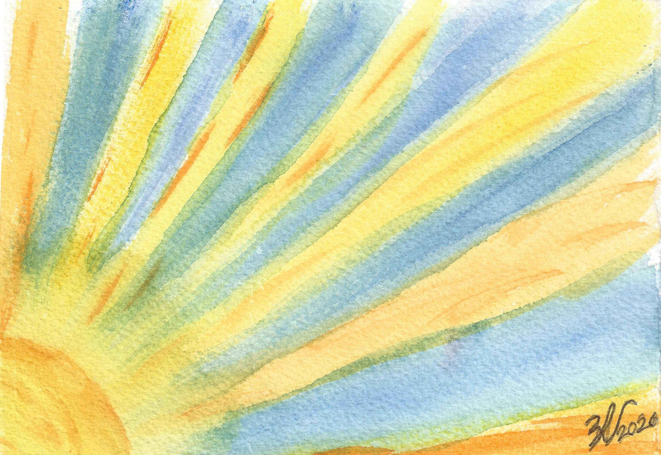 "Sun", watercolor on paper, 2026. Quarter of an abstract sun in the bottom left corner. Cartoonish sunrays radiate through the rest of the painting, alternating with an abstract sky. Deliberate negative space, wet-blended multi-tonal composition.