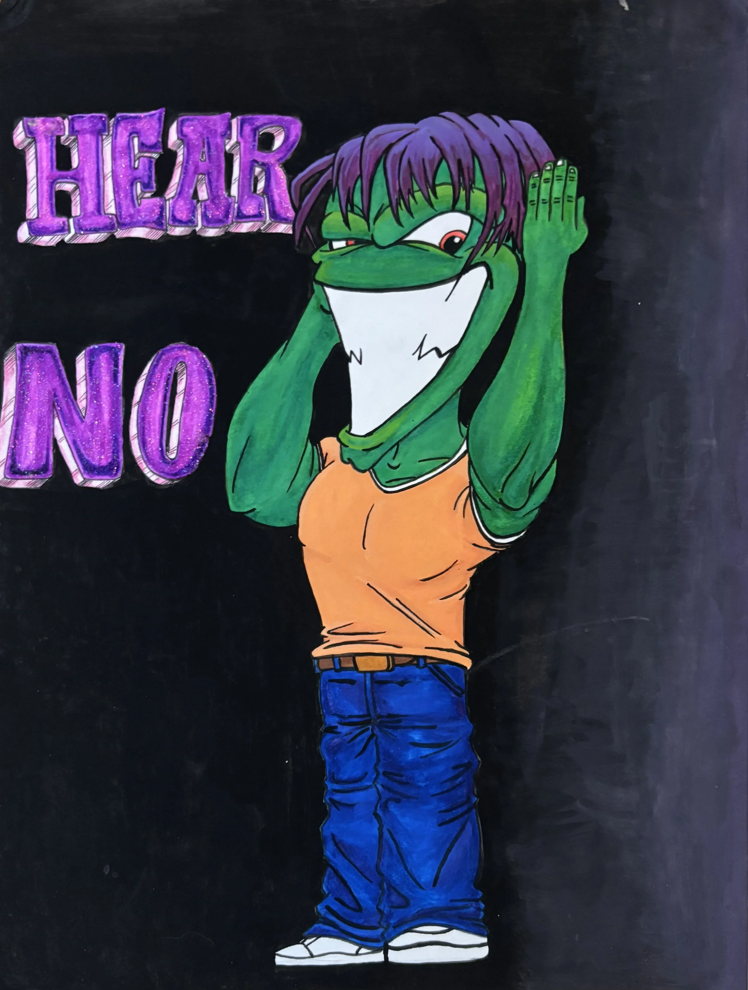 Artwork of a green monster grinning and covering its ears with the words "Hear No"