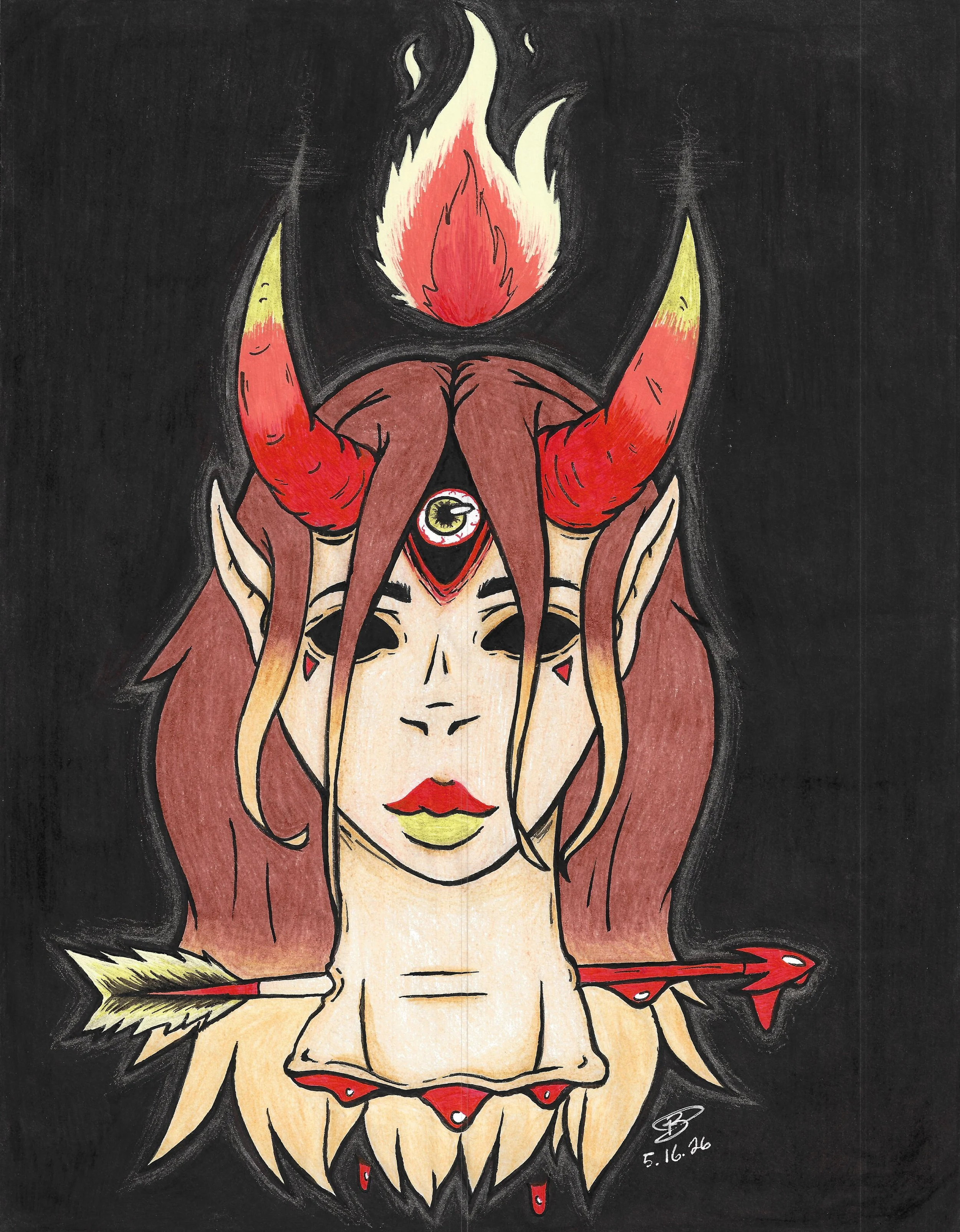 "Long Live the Queen" / 2026 / Gel pen and marker on paper / 11" x 8.5" / FOR SALE $20-30. With a red orange, and yellow theme, you see the head of a woman who has an arrow through her neck, and horns protruding from her forehead. Both her eyes are b