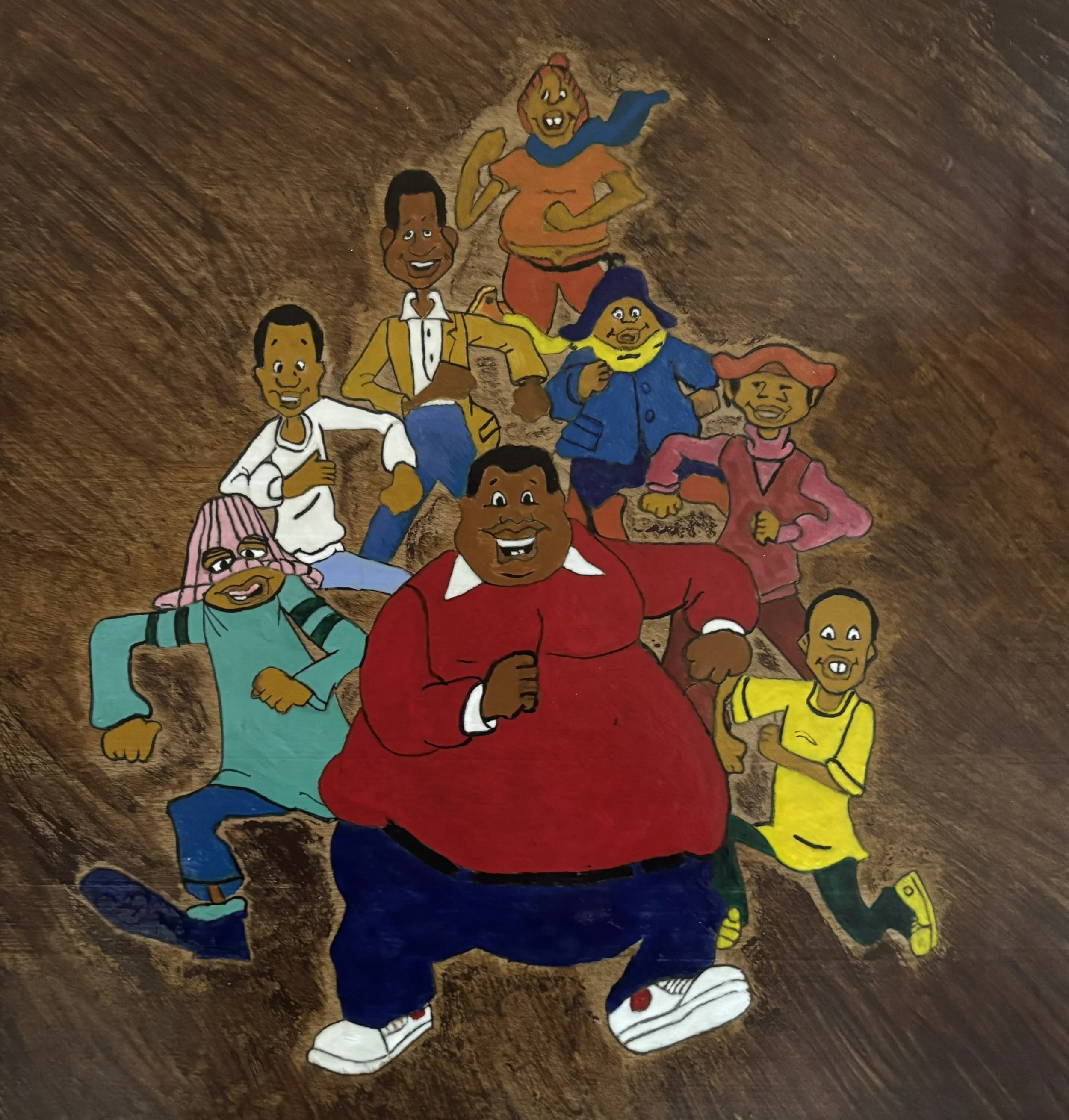 "Quantum Ob1 #11" / Paint on wood / 12" x 11.5" / FOR SALE $150. Fat Albert & Friends cartoon characters on a brown background 