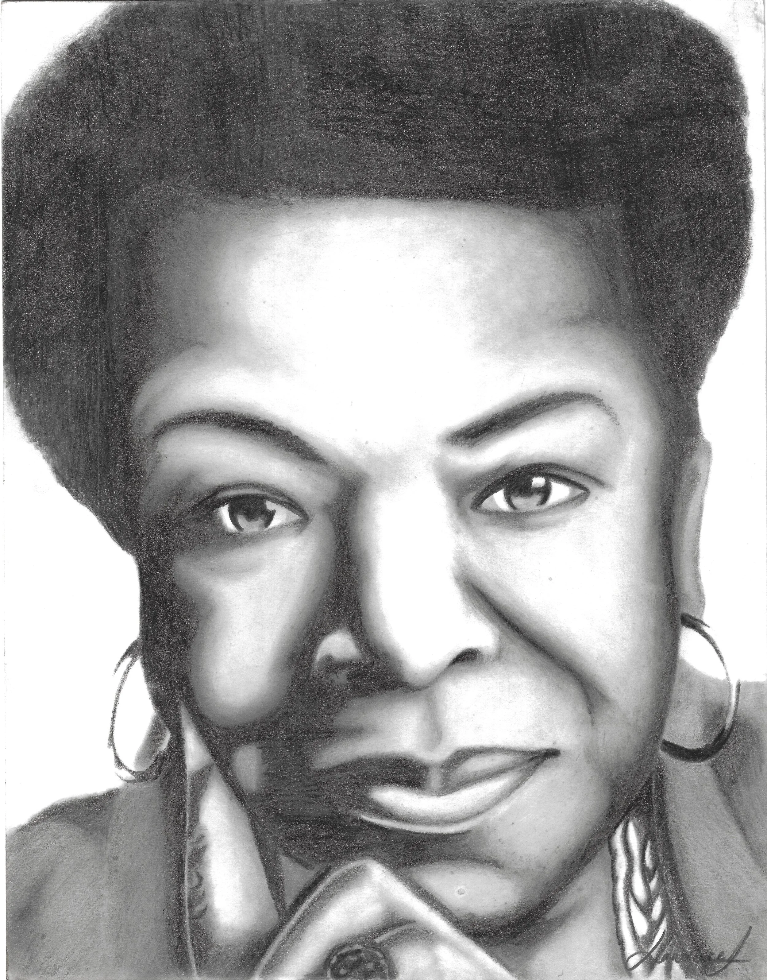"Untitled #6", graphite on paper, 14"x11". Black-and-white portrait of Maya Angelou looking pensive, her chin resting in her hand