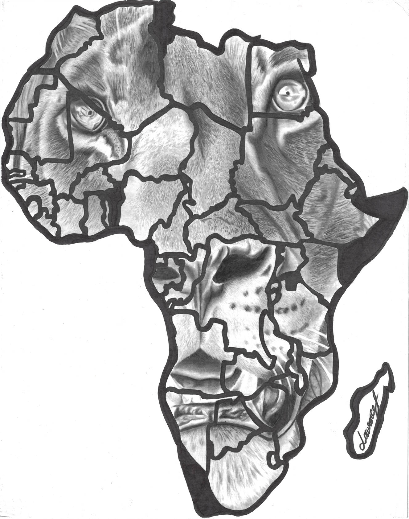 "Africa Must Wake Up Feat. K'naan by Nas and Damian Marley", graphite and ink on paper, 2025, 28"x22". Black-and-white depiction of the continent of Africa with a lion's face fitted inside it