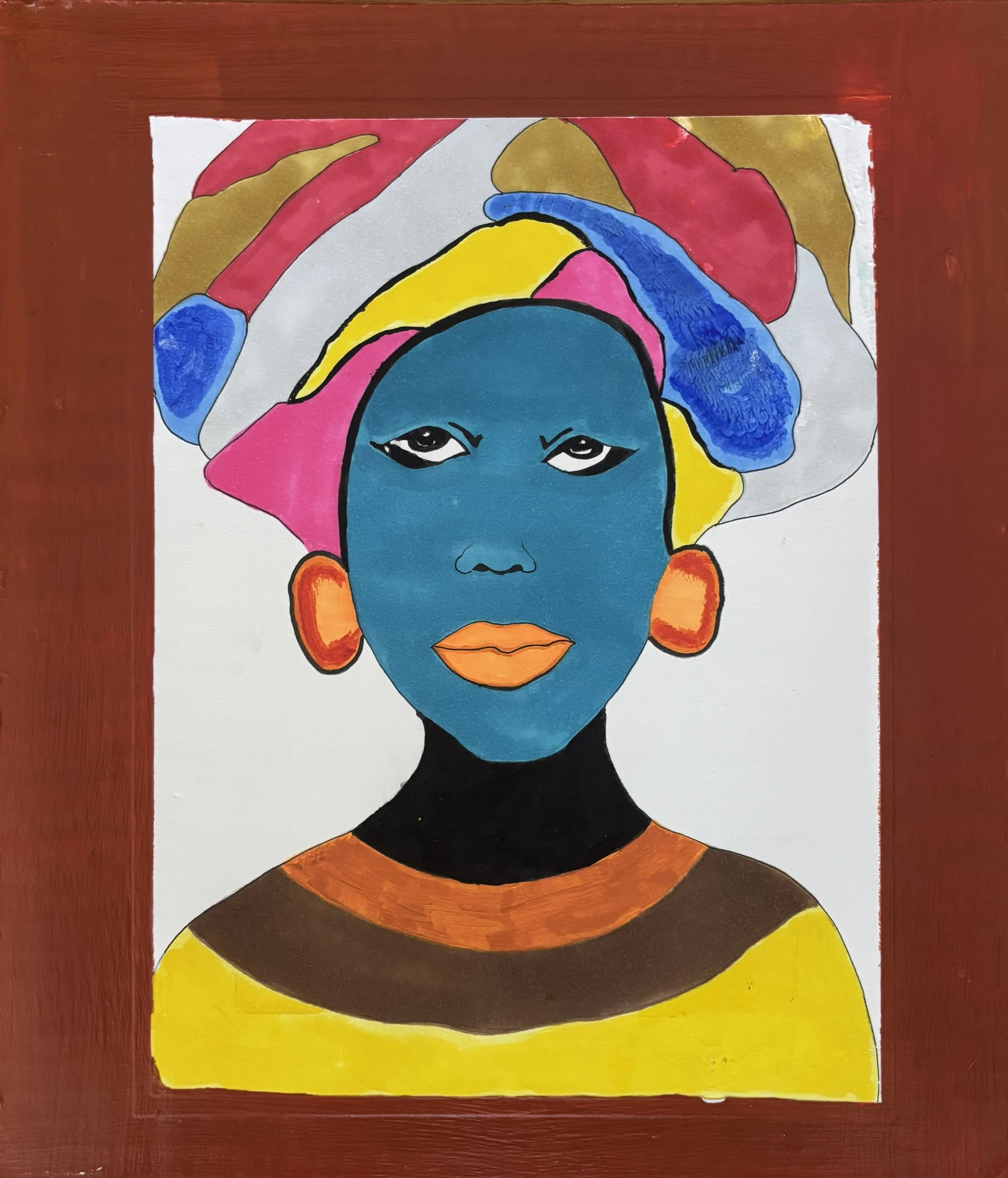 "Quantum Ob1 #8" / Paint on cardboard / 14" x 12" / FOR SALE $200.  Woman with a teal blue face and colorful headdress and a yellow and brown shirt on white with a sienna border