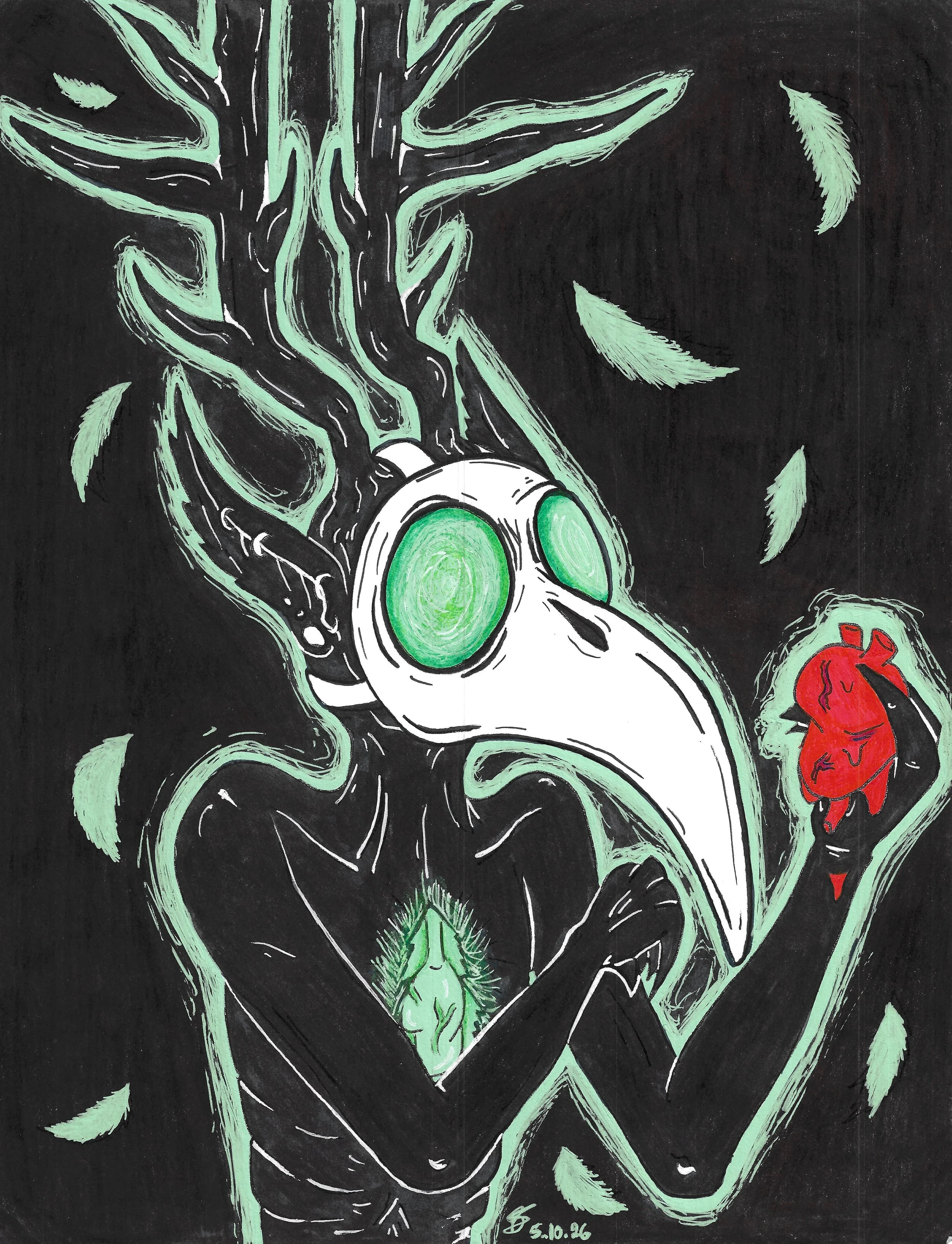 "The Wendigo" / 2026 / Gel pen and marker on paper / 11" x 8.5" / FOR SALE $20-30. The creature holds a heart that pulses bright red, in contrast to the neon green accents around it. It's all black with a white mask much like a plague doctor, and a h