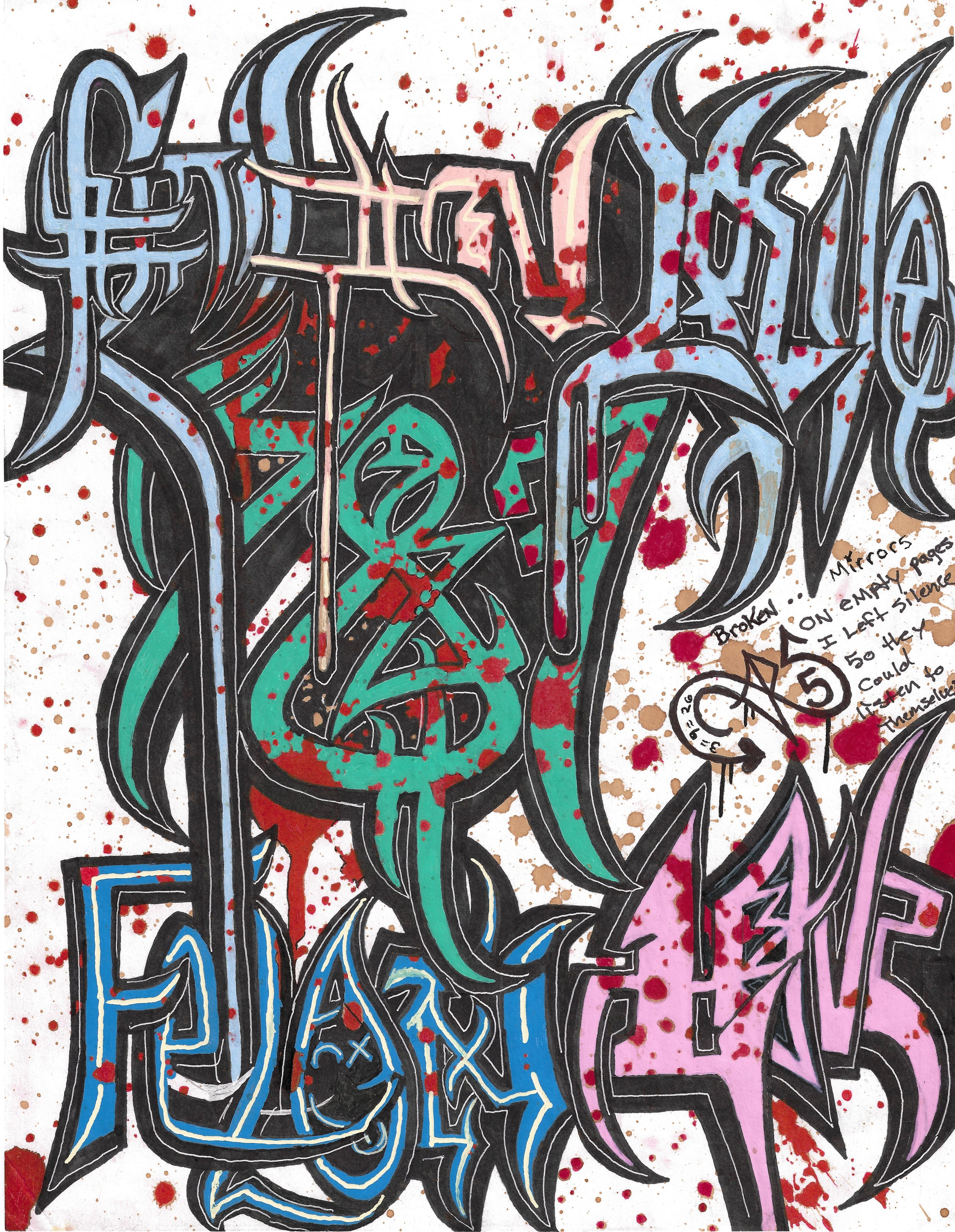 "Fell in Love - Felon Love", black markers, gel pens, and pencil on paper, 2026. The words Felon Love and Fell in Love in several bright colors outline in black on a white background with red splattering over the entire piece. The lettering is styliz